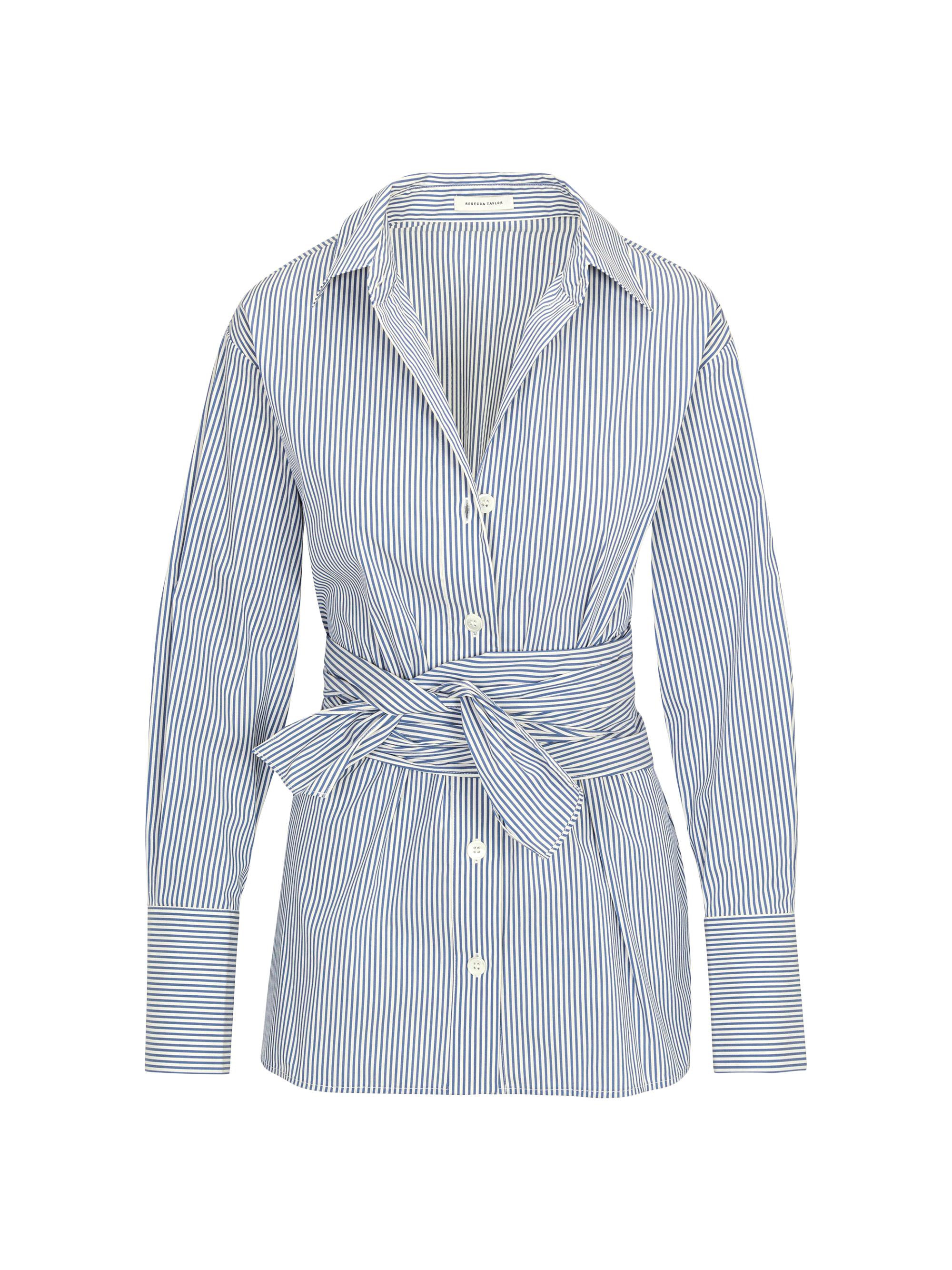 Rebecca Taylor Women's Striped Poplin Wrap-Belt Blouse - Blue Stripe