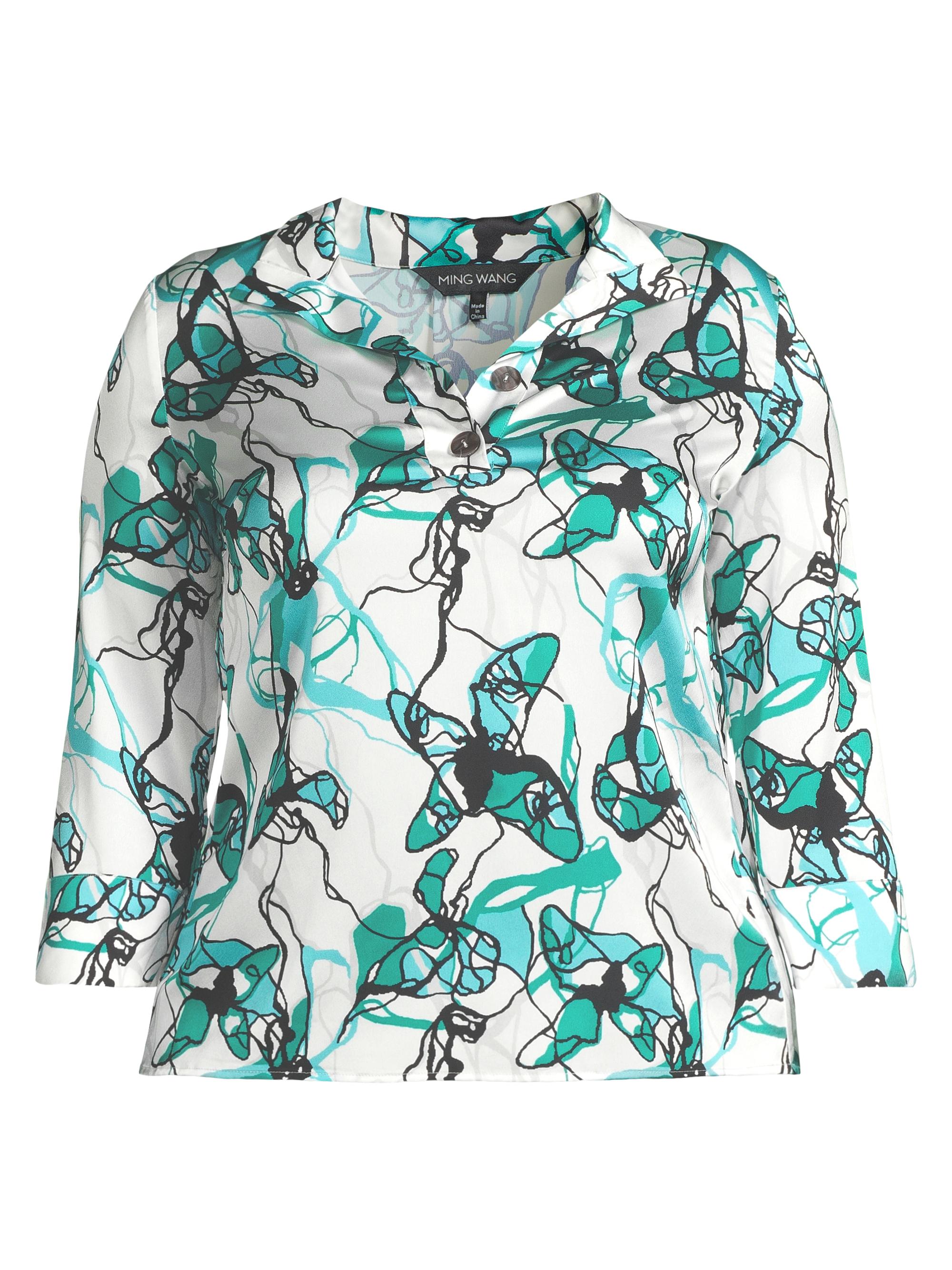Ming Wang Women's Plus Printed Charmeuse Tunic - Emerald Awelunar Rock Calypso