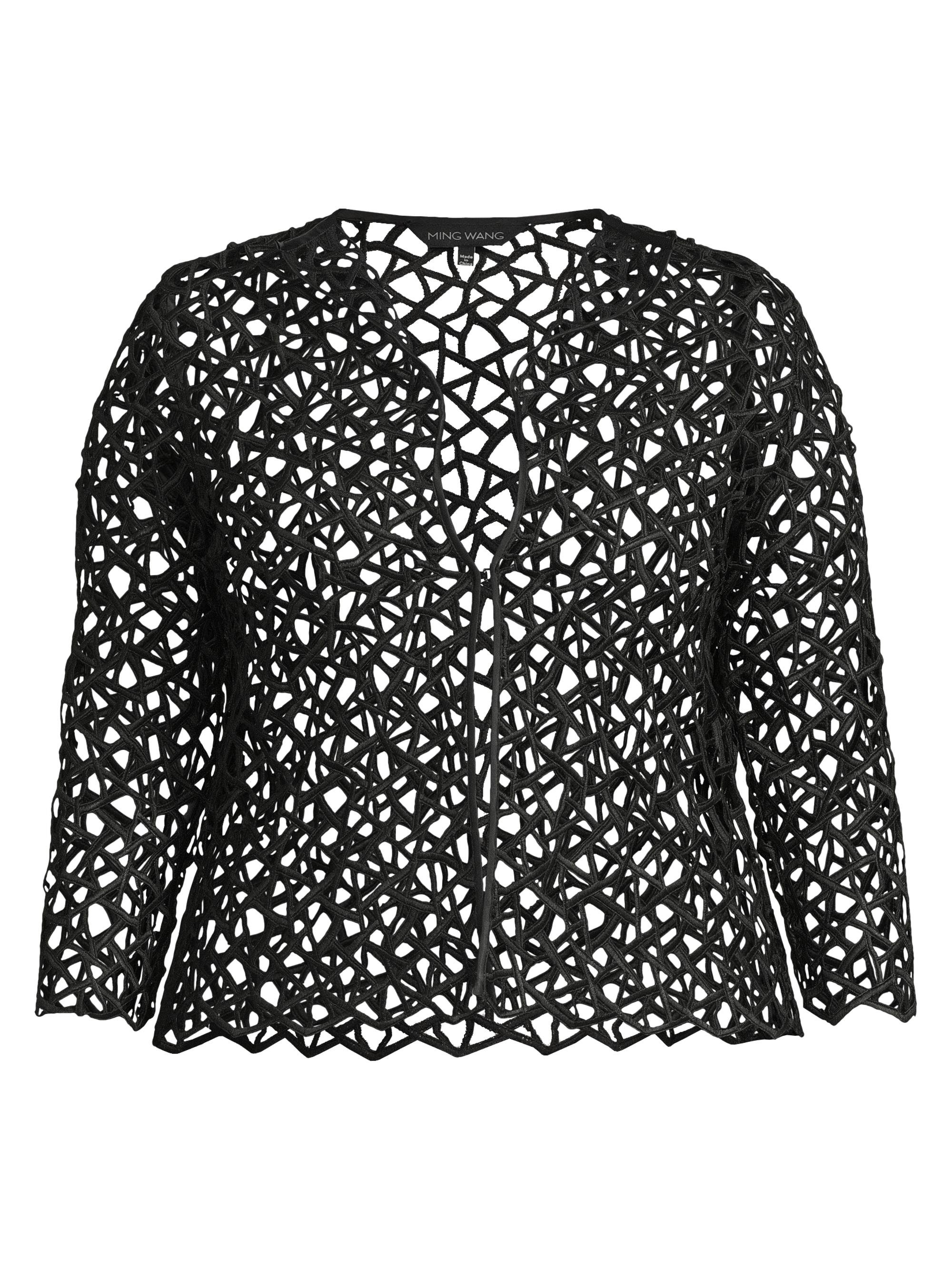 Ming Wang Women's Plus Tailored-Fit Lace Wing Collar Jacket - Black