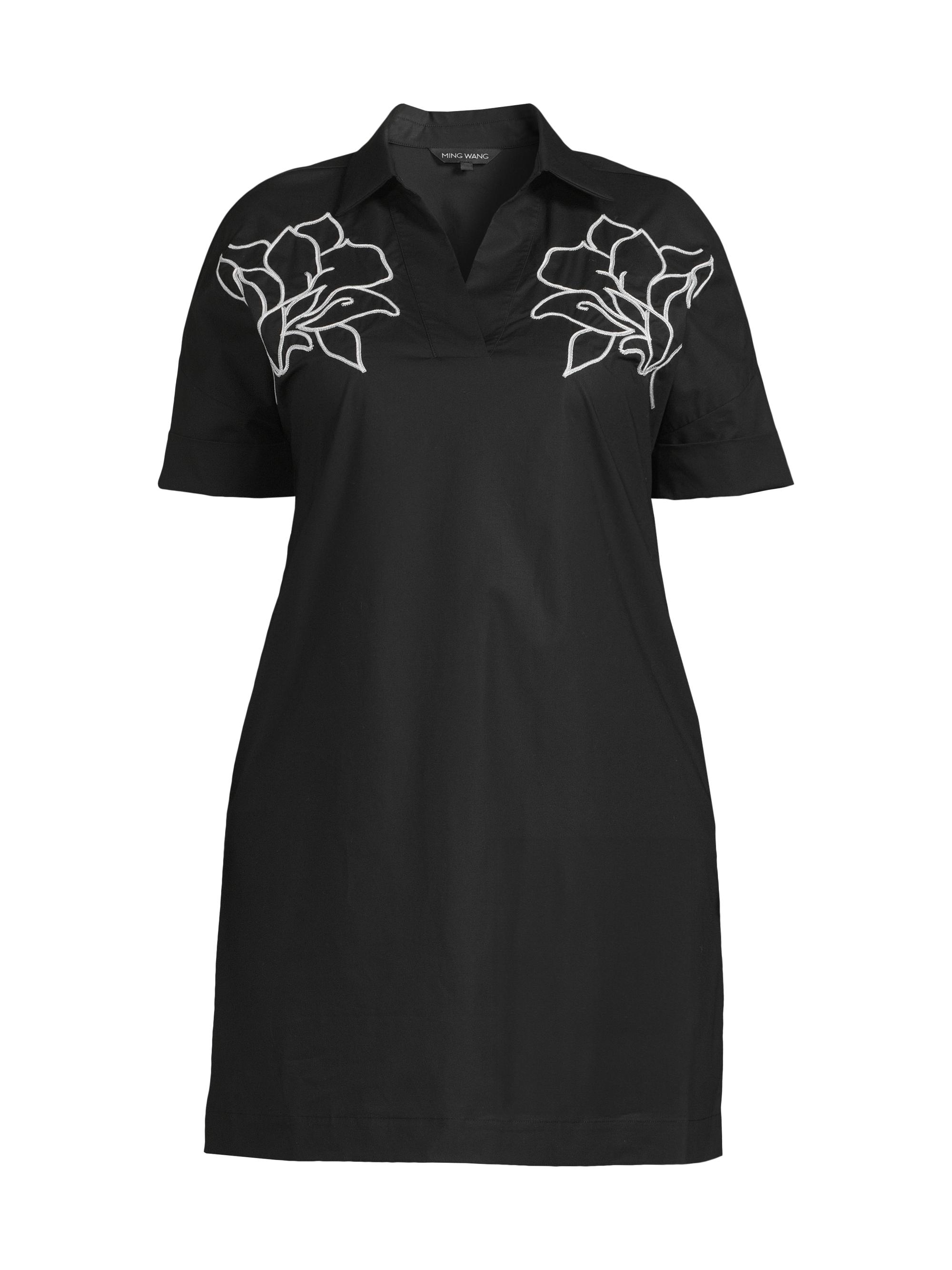 Ming Wang Women's Plus Embroidered Cotton Shirtdress - Black White