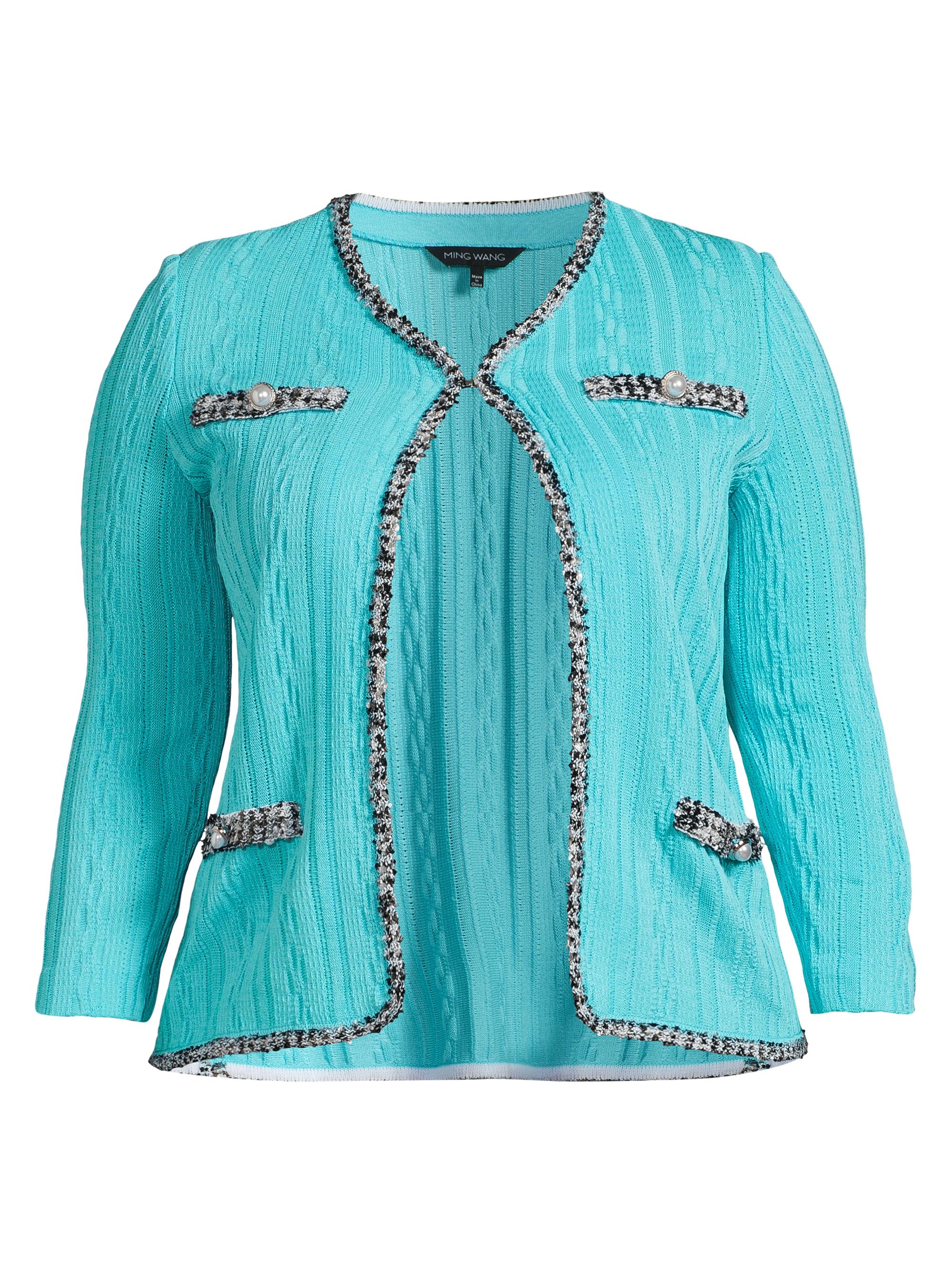 Ming Wang Women's Plus Textured-Knit V-Neck Jacket - Calypso Blue Black White