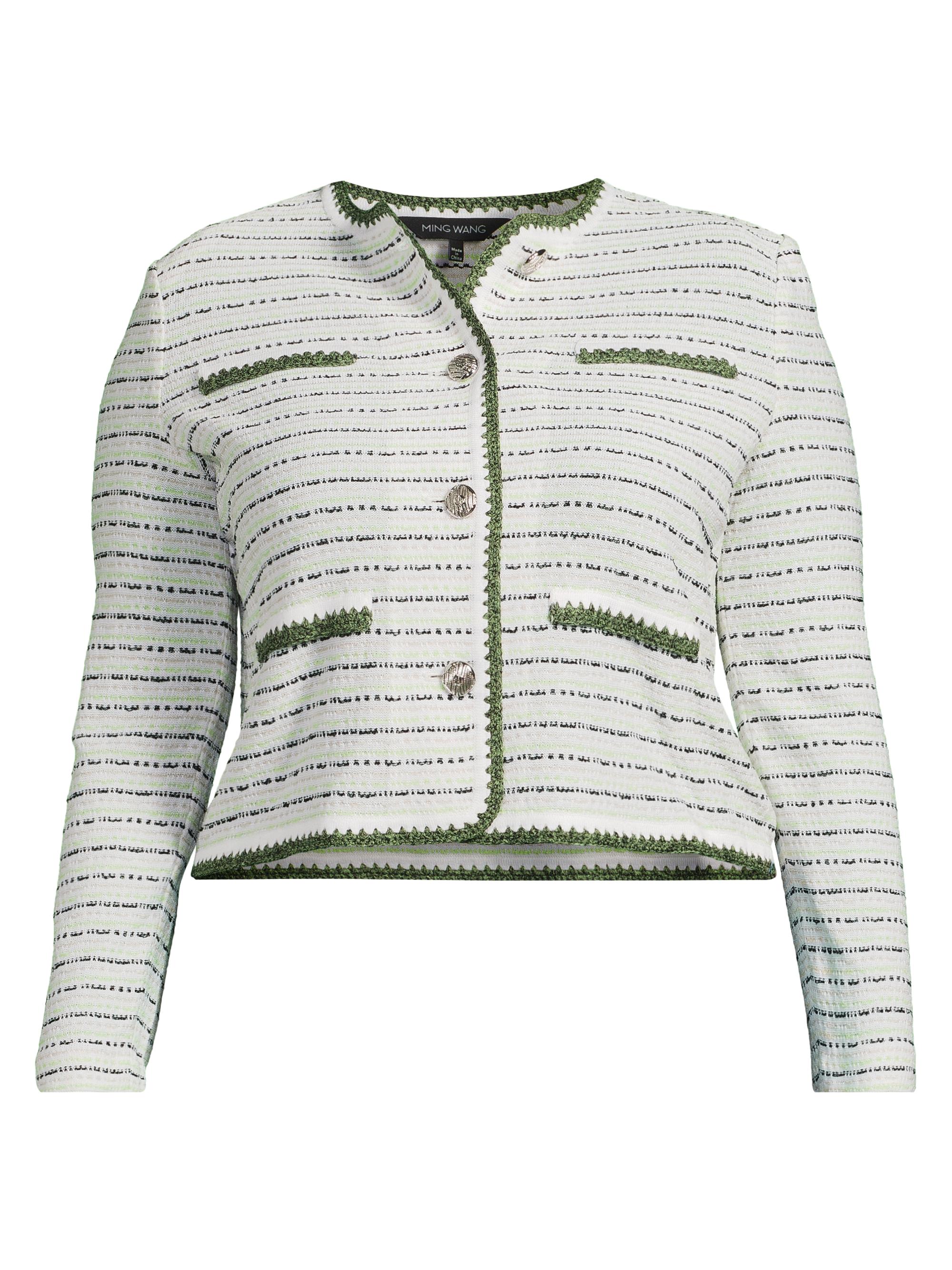 Ming Wang Women's PlusTri-Color Strie Knit Jacket - White Fern Limestone Black