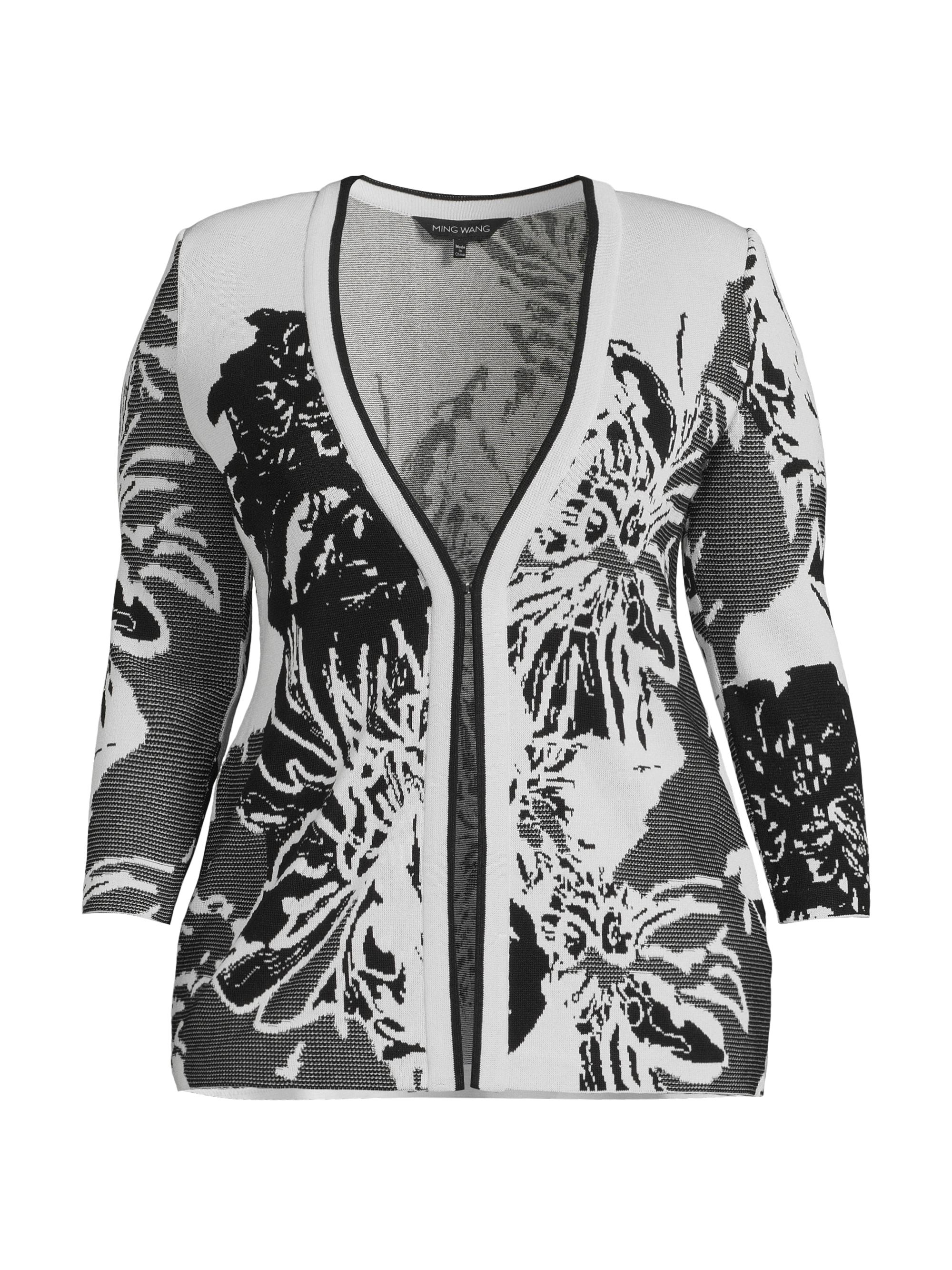 Ming Wang Women's Plus Floral Knit V-Neck Cardigan - White Black