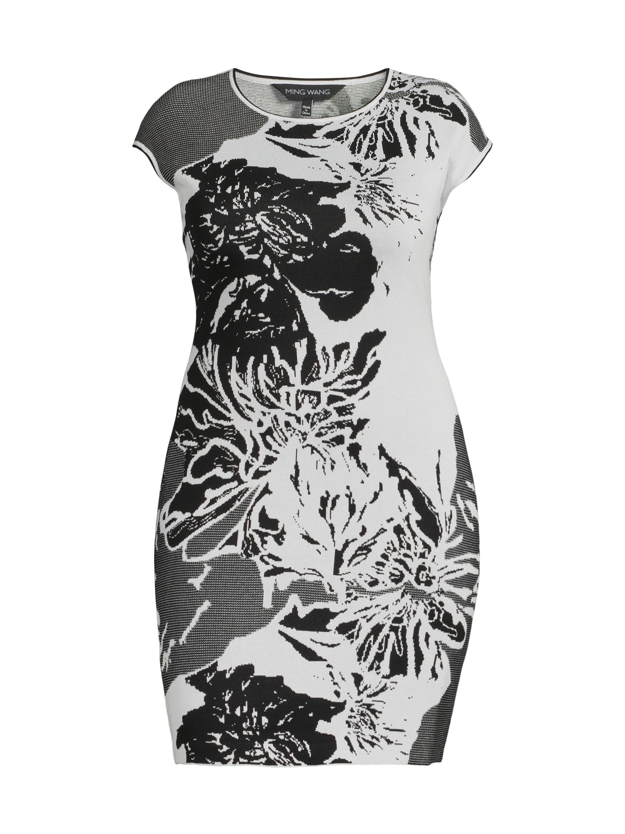 Ming Wang Women's Plus Floral Knit Boatneck Minidress - White Black