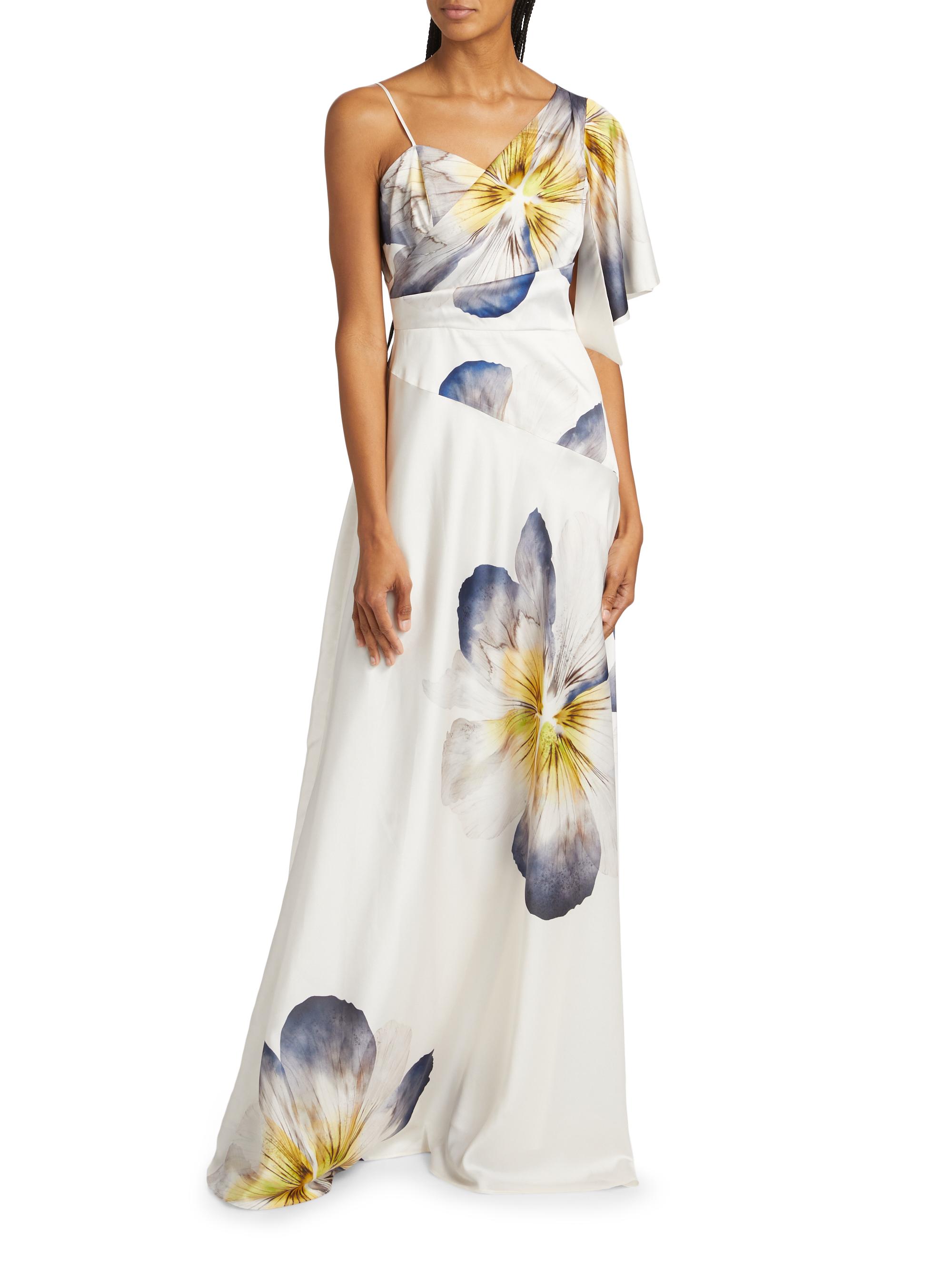 Teri Jon by Rickie Freeman Floral Asymmetric One-Flutter-Sleeve