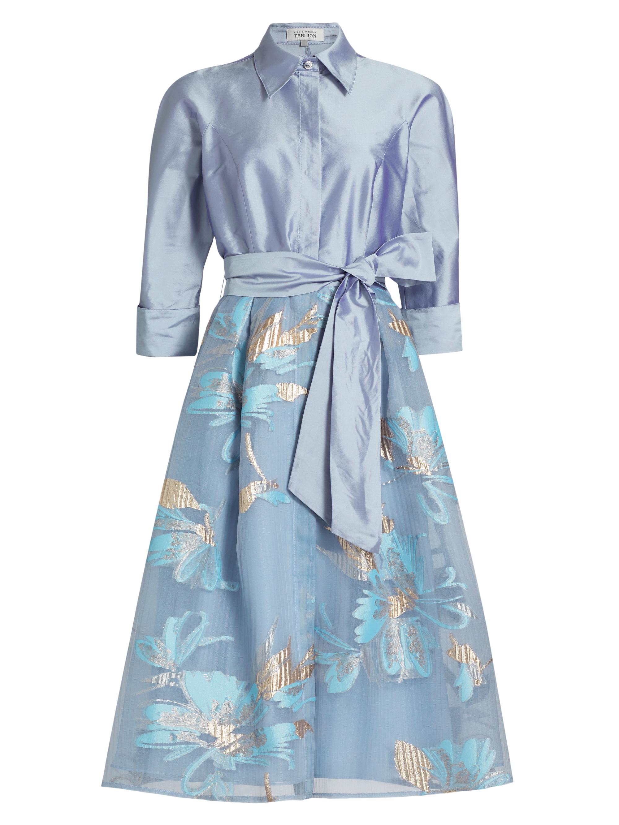 Teri Jon by Rickie Freeman Women's Floral Organza Tie-Waist Cocktail Shirtdress - Periwinkle Multi