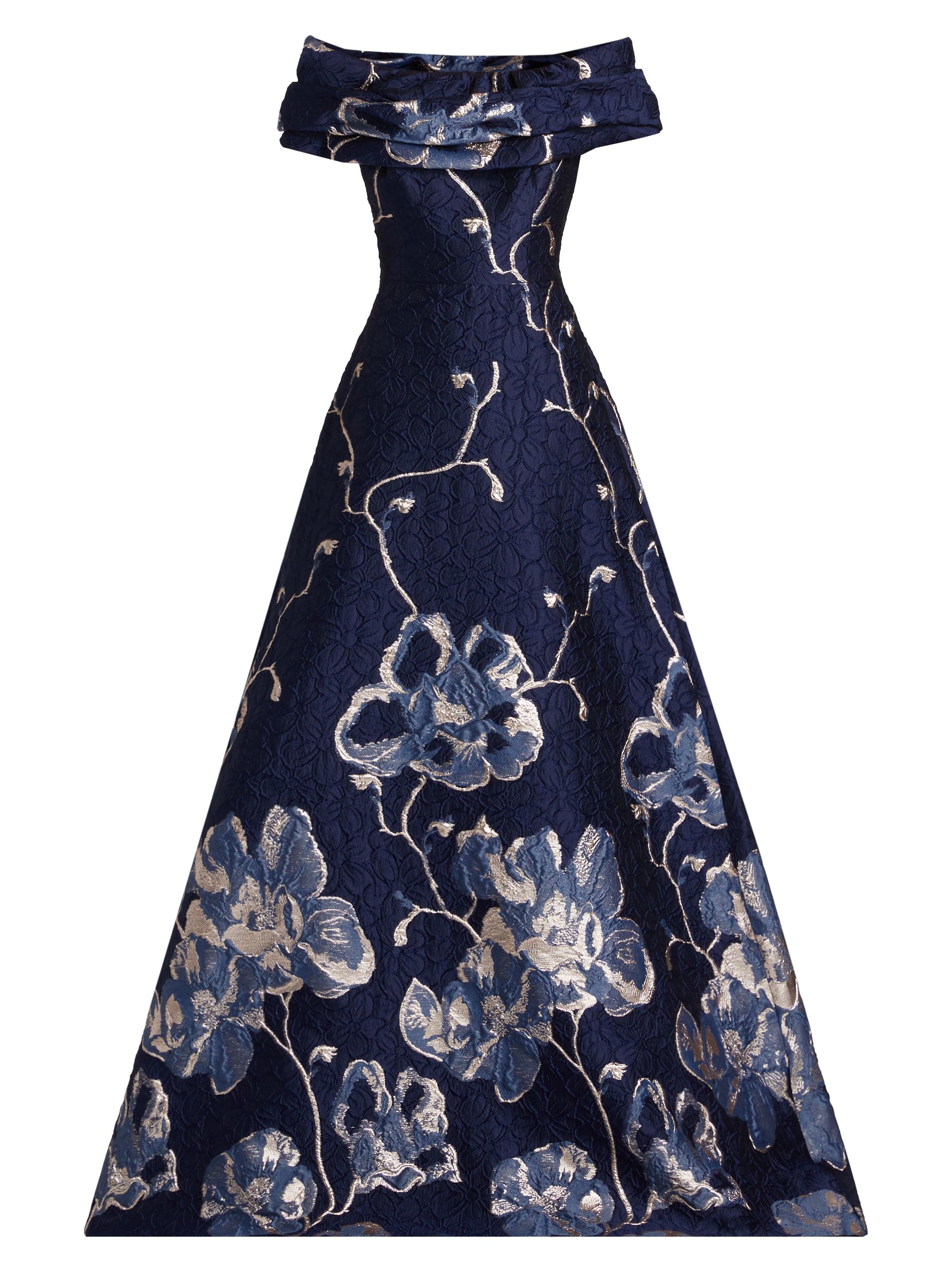 Teri Jon by Rickie Freeman Women's Floral Jacquard Off-The-Shoulder A-Line Gown - Navy Multi