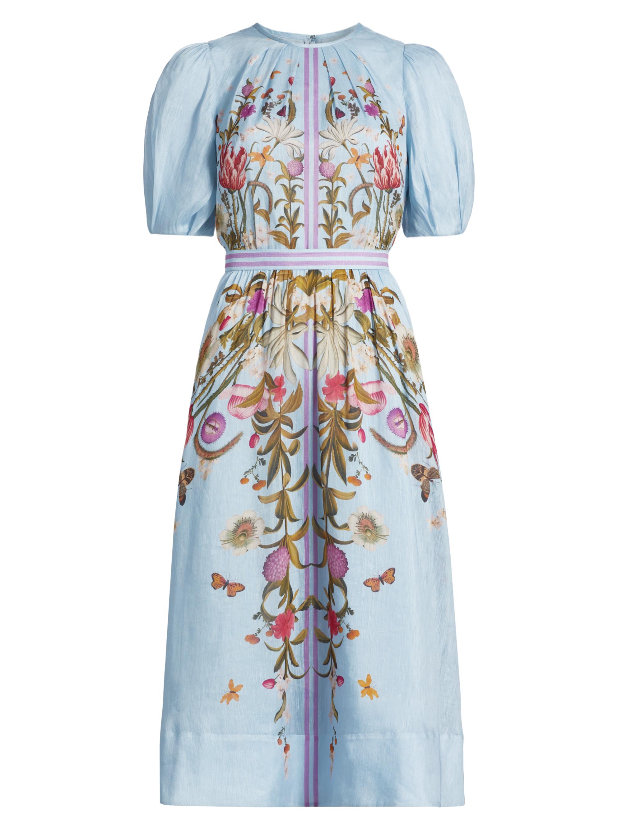 Teri Jon by Rickie Freeman Women's Floral Silk-Linen Puff-Sleeve Midi-Dress - Powder Blue Multi