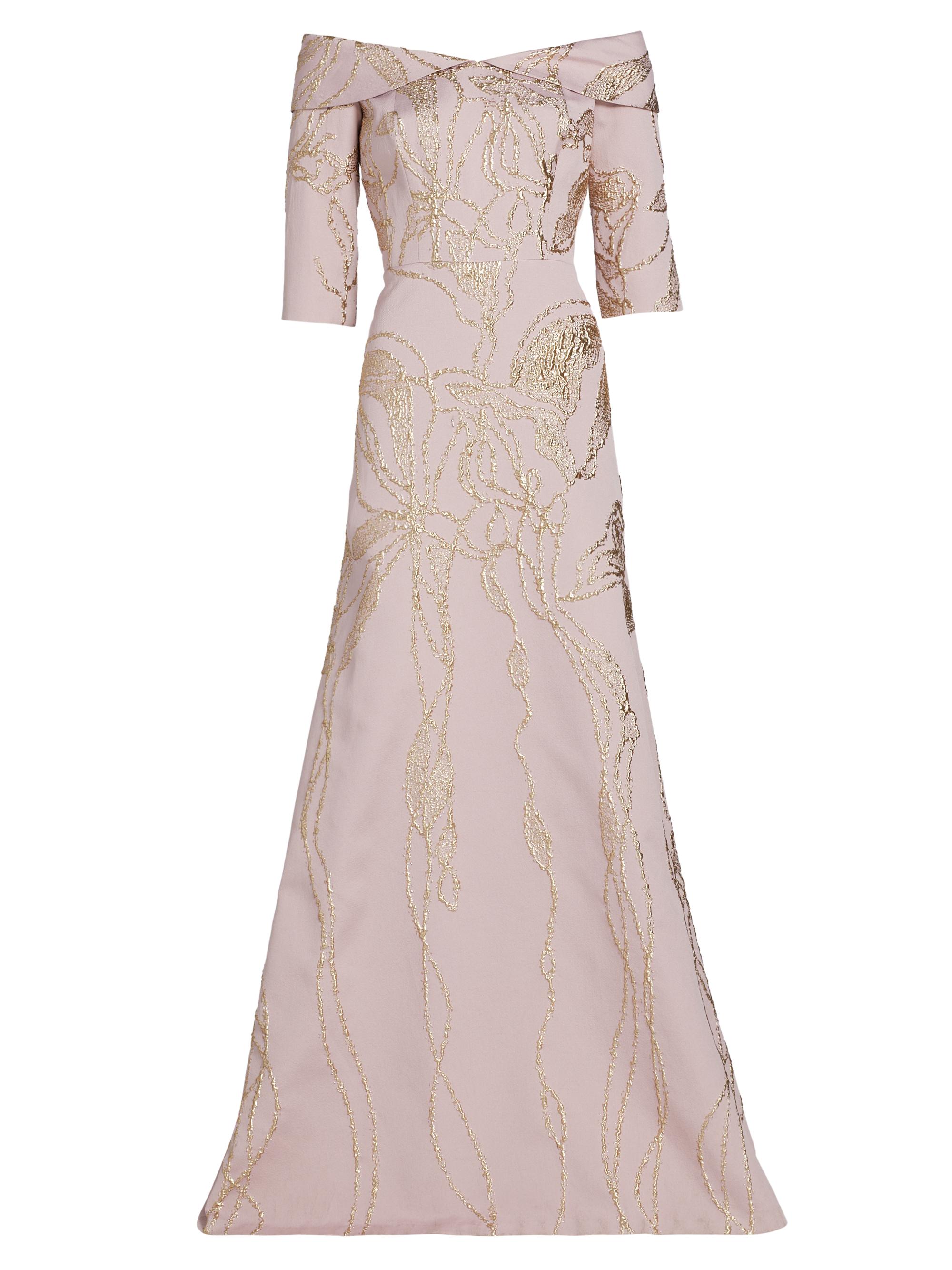 Teri Jon by Rickie Freeman Women's Metallic Jacquard Off-The-Shoulder Gown - Mauve Gold