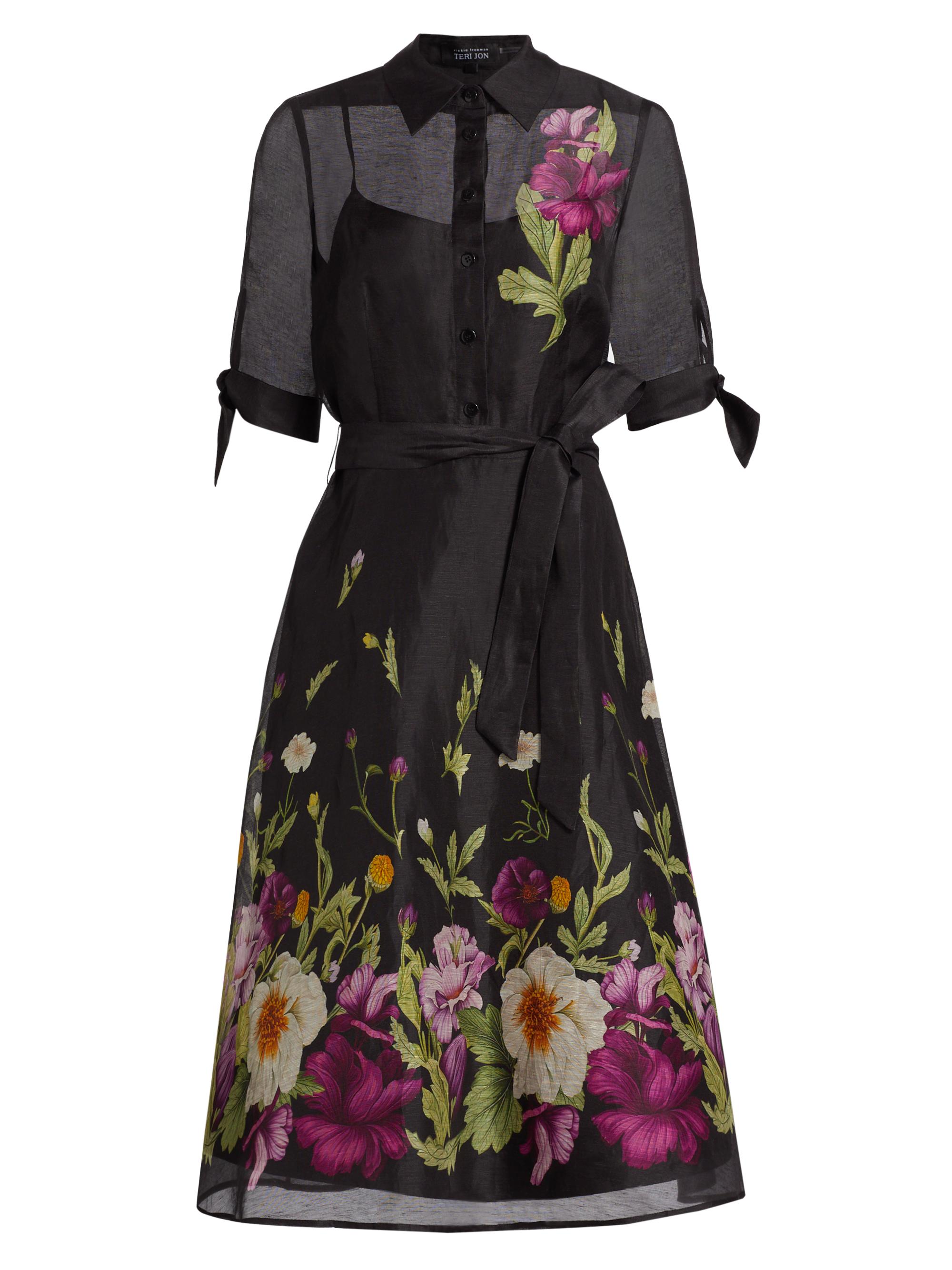Teri Jon by Rickie Freeman Women's Floral Silk-Linen Tie-Waist Cocktail Dress - Black Multi