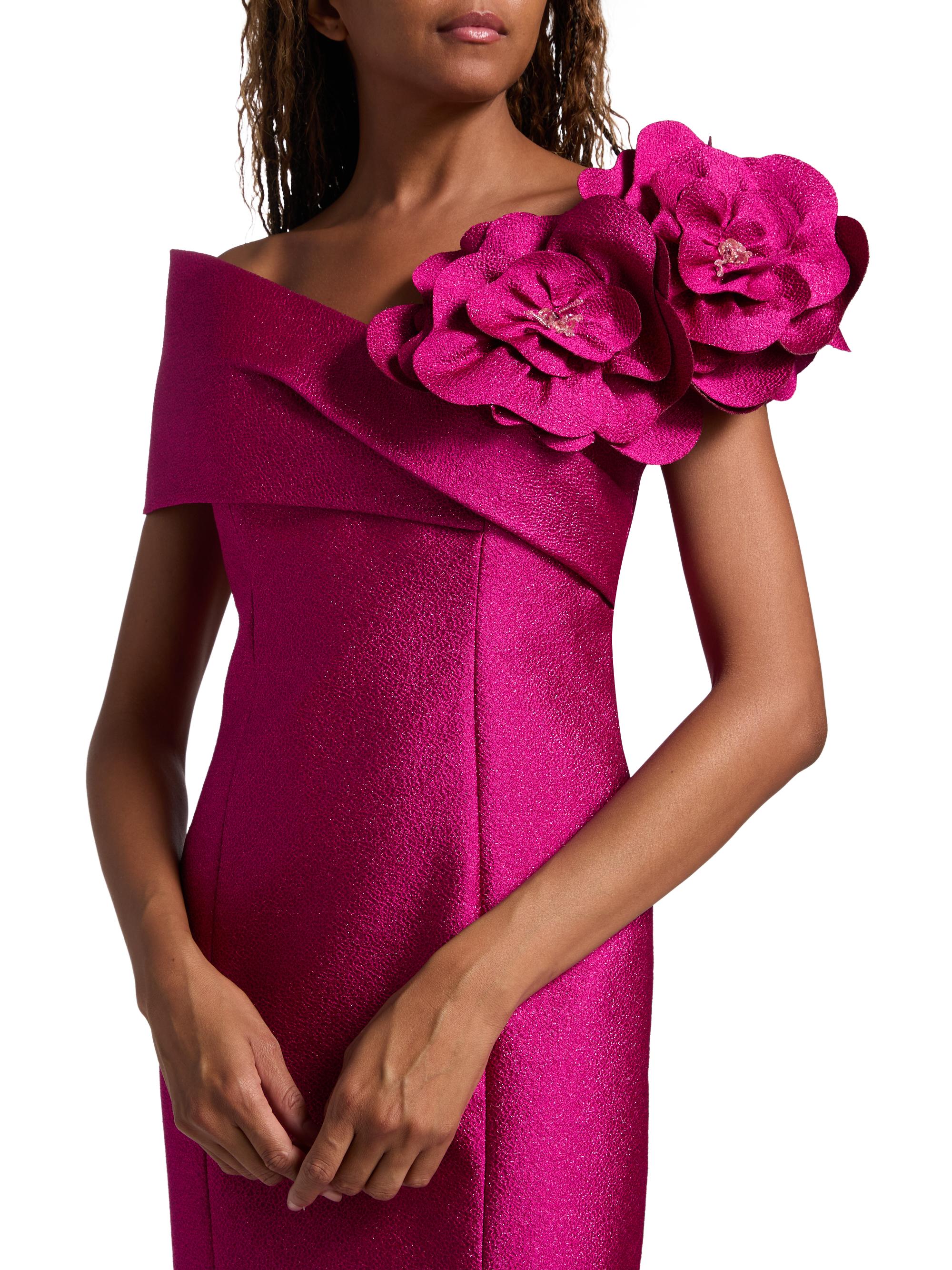 Teri Jon Pebble Jacquard 3D Flower Off The Shoulder Gown Size 8