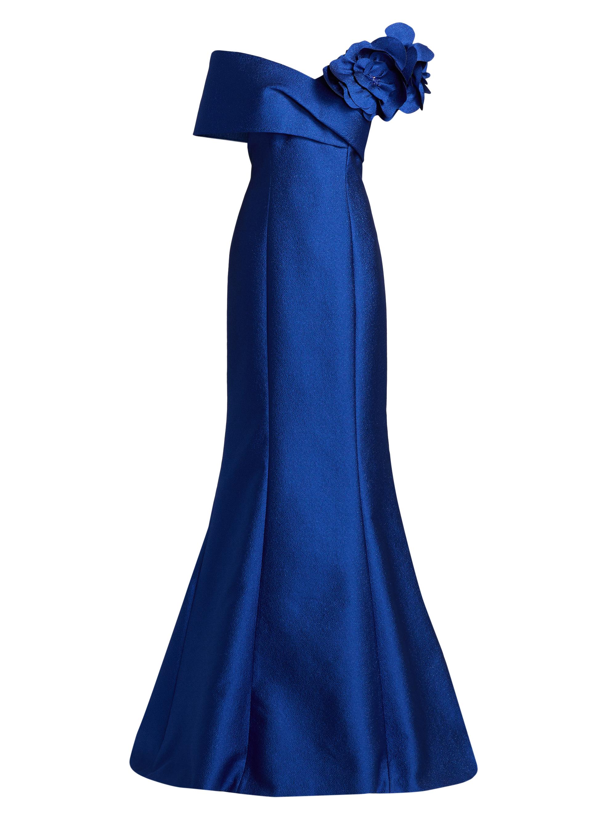 Teri Jon by Rickie Freeman Asymmetrical Stretch Mikado Off-The-Shoulder Gown 