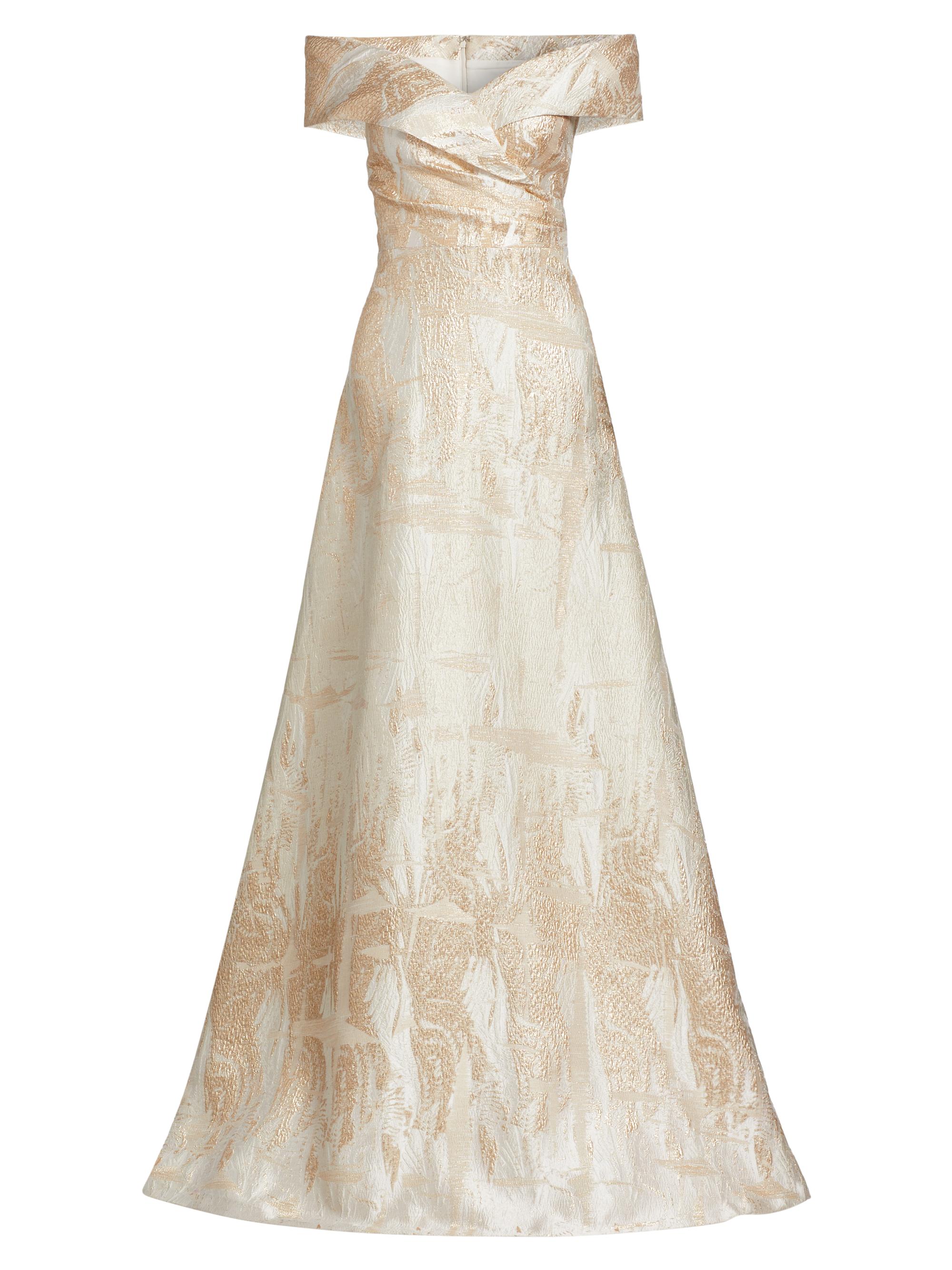 Teri Jon by Rickie Freeman Women's Metallic Jacquard Off-The-Shoulder A-Line Gown - Cham Gold