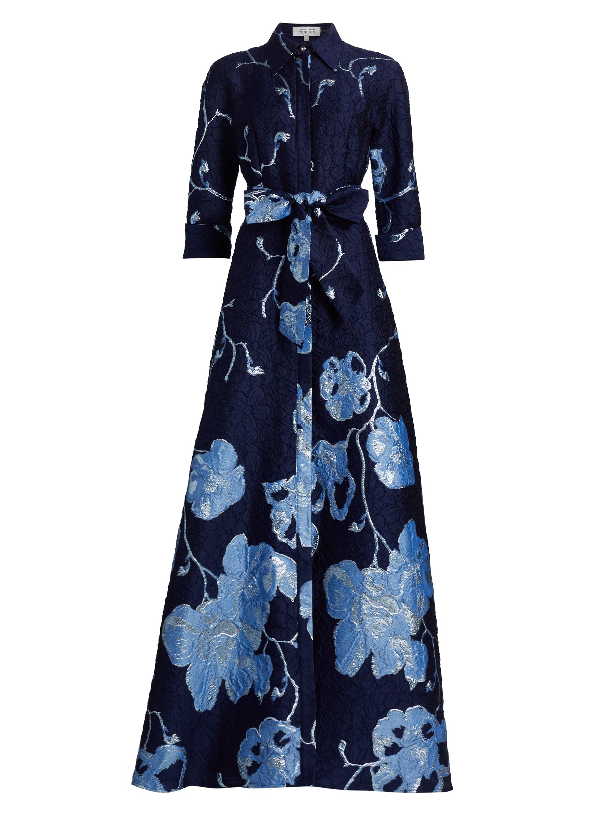 Teri Jon by Rickie Freeman Women's Metallic Jacquard Shirt Gown - Navy Multi