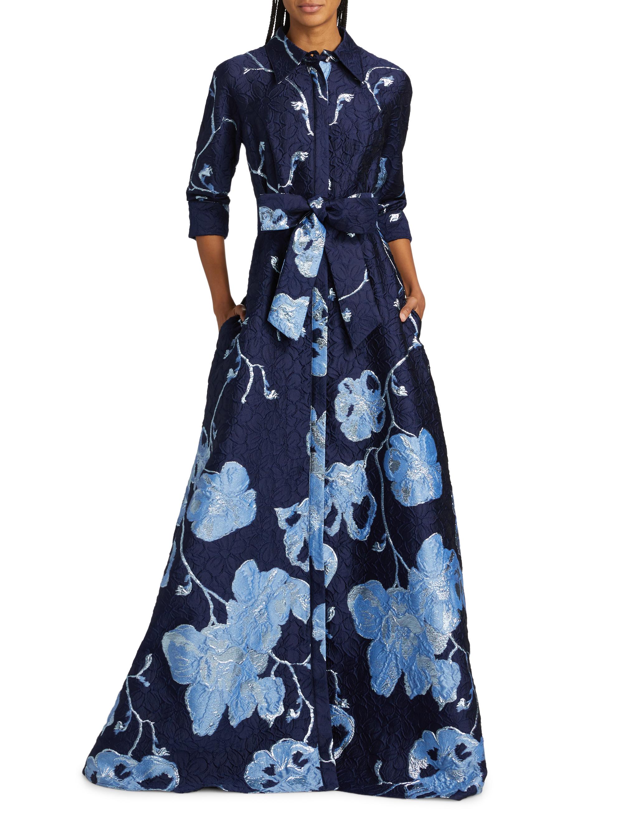 teri jon by rickie freeman metallic jacquard shirt dress gown Teri Jon Emerald Jacquard Shirtdress Blush Gown with Print Size 16