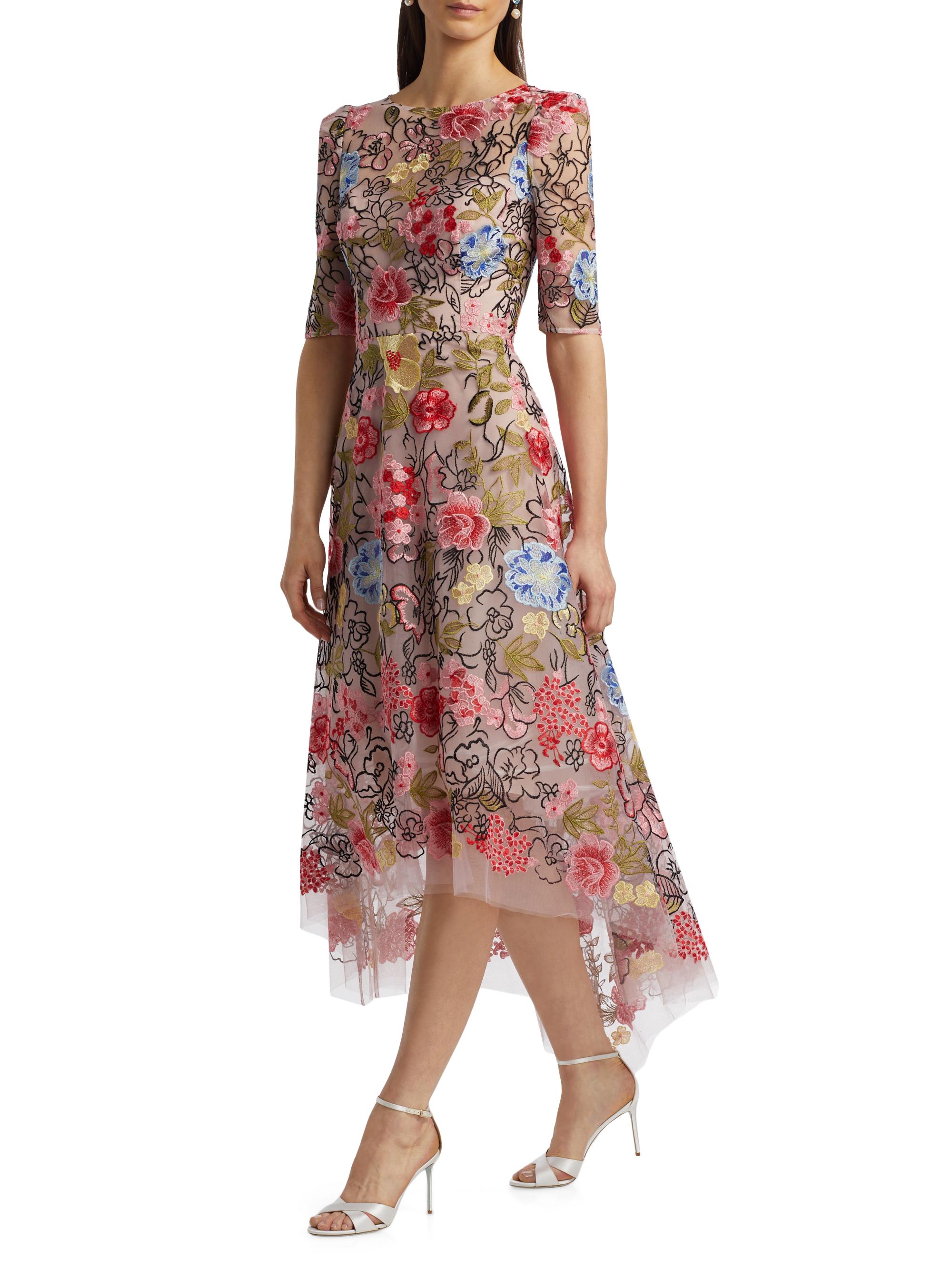 Teri Jon by Rickie Freeman Floral Embroidery Mesh High-Low Midi-Dress |  Saks Fifth Avenue