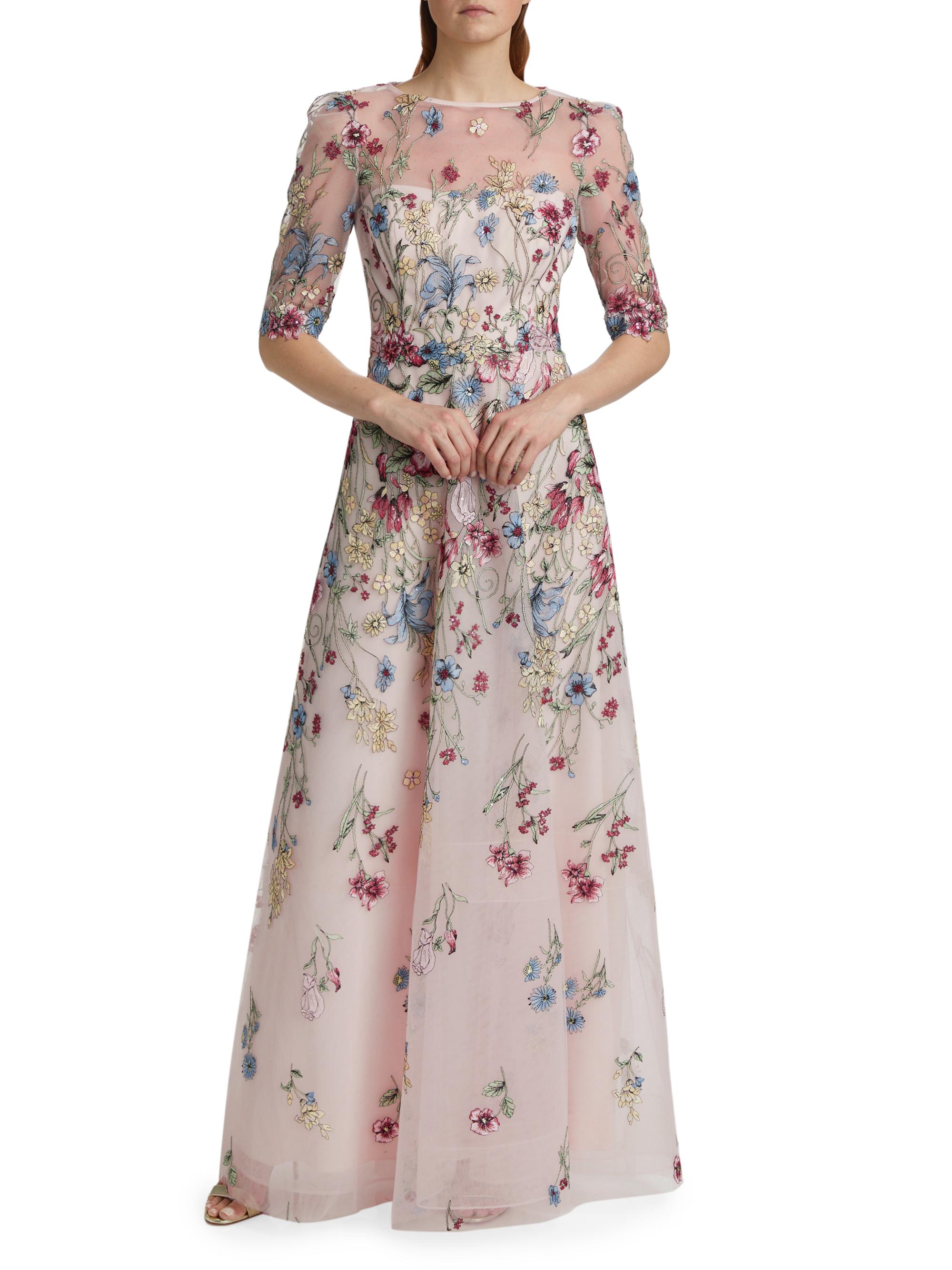 Teri Jon Floral Embroidered Tulle Elbow Gown Size 2
