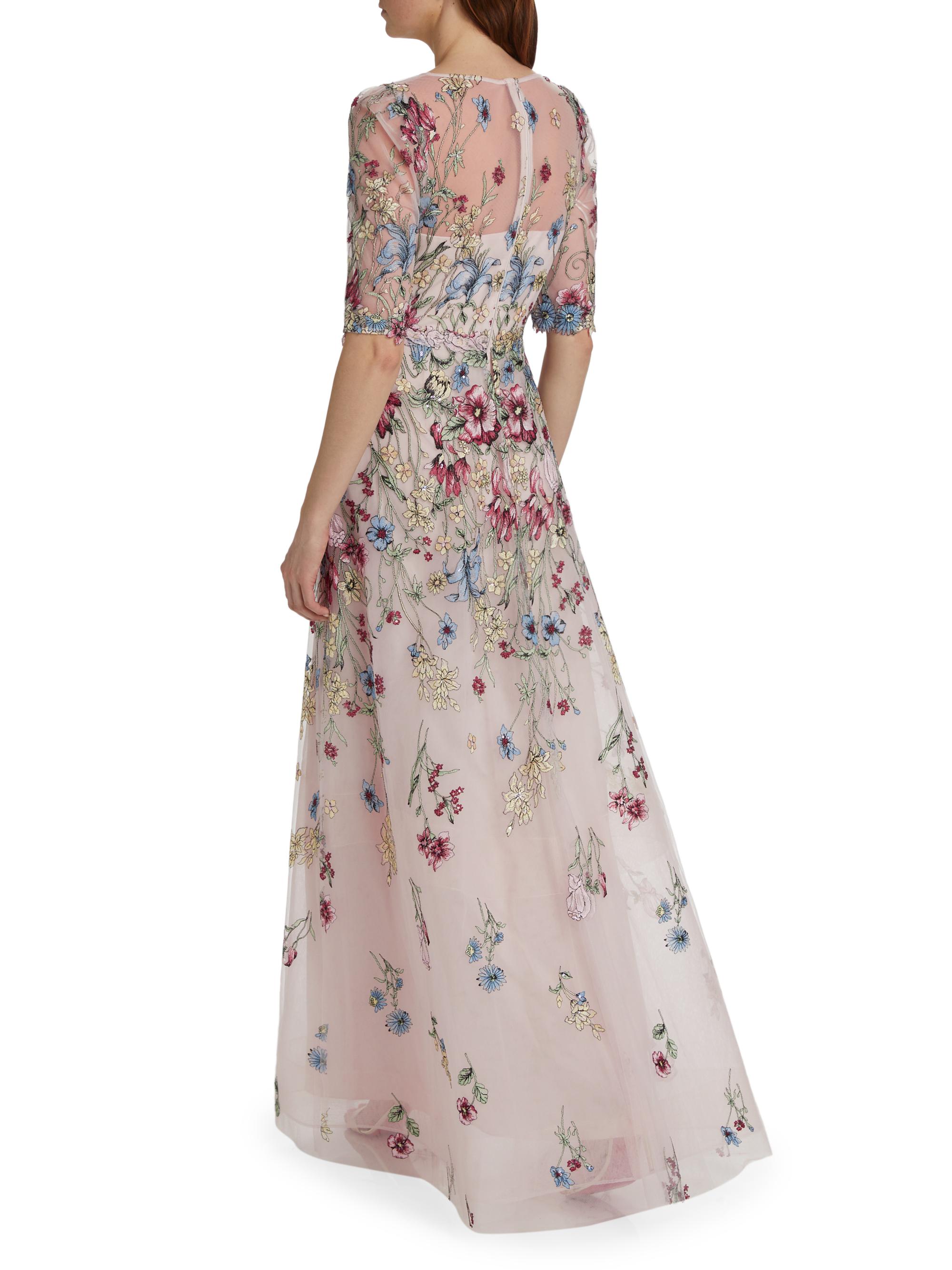 Teri Jon by Rickie Freeman Floral-Embroidered Tulle A-Line Gown