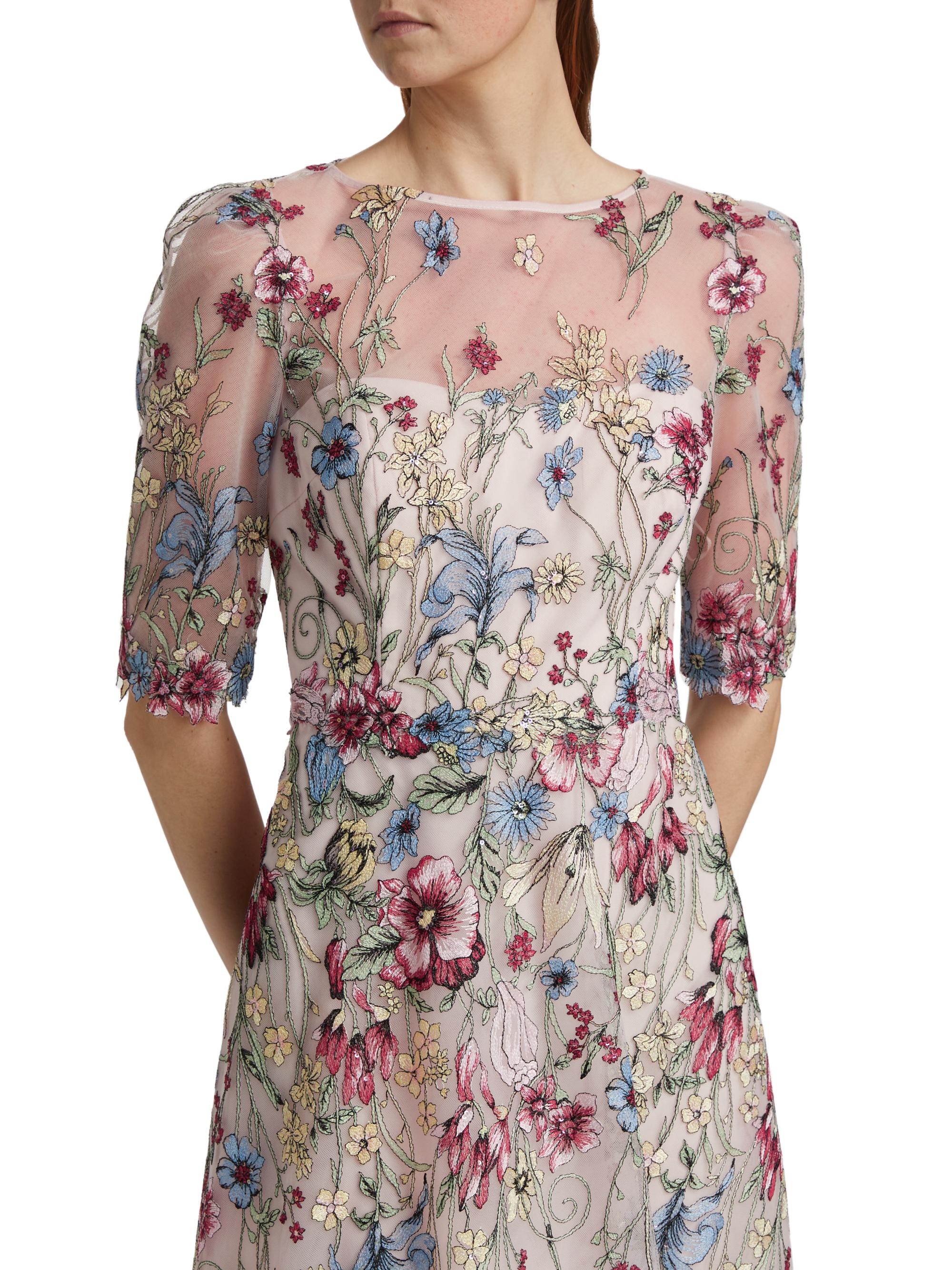 Teri Jon Floral Embroidered Tulle Elbow Gown Size 2