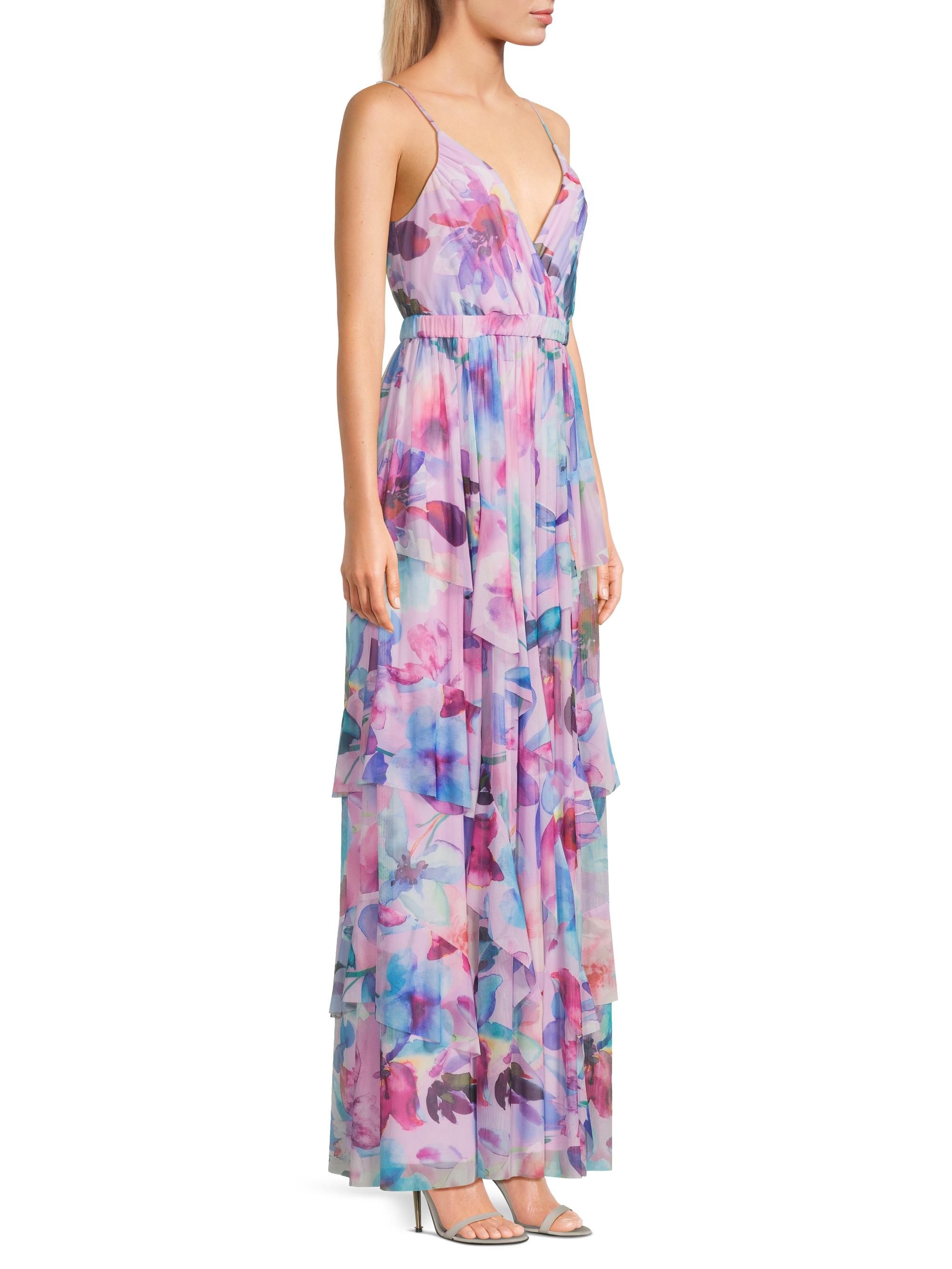 knee length dresses for ladies Mia's Mesh Stitching Strappy Ruffle Maxi Dress  Blue Zone Planet