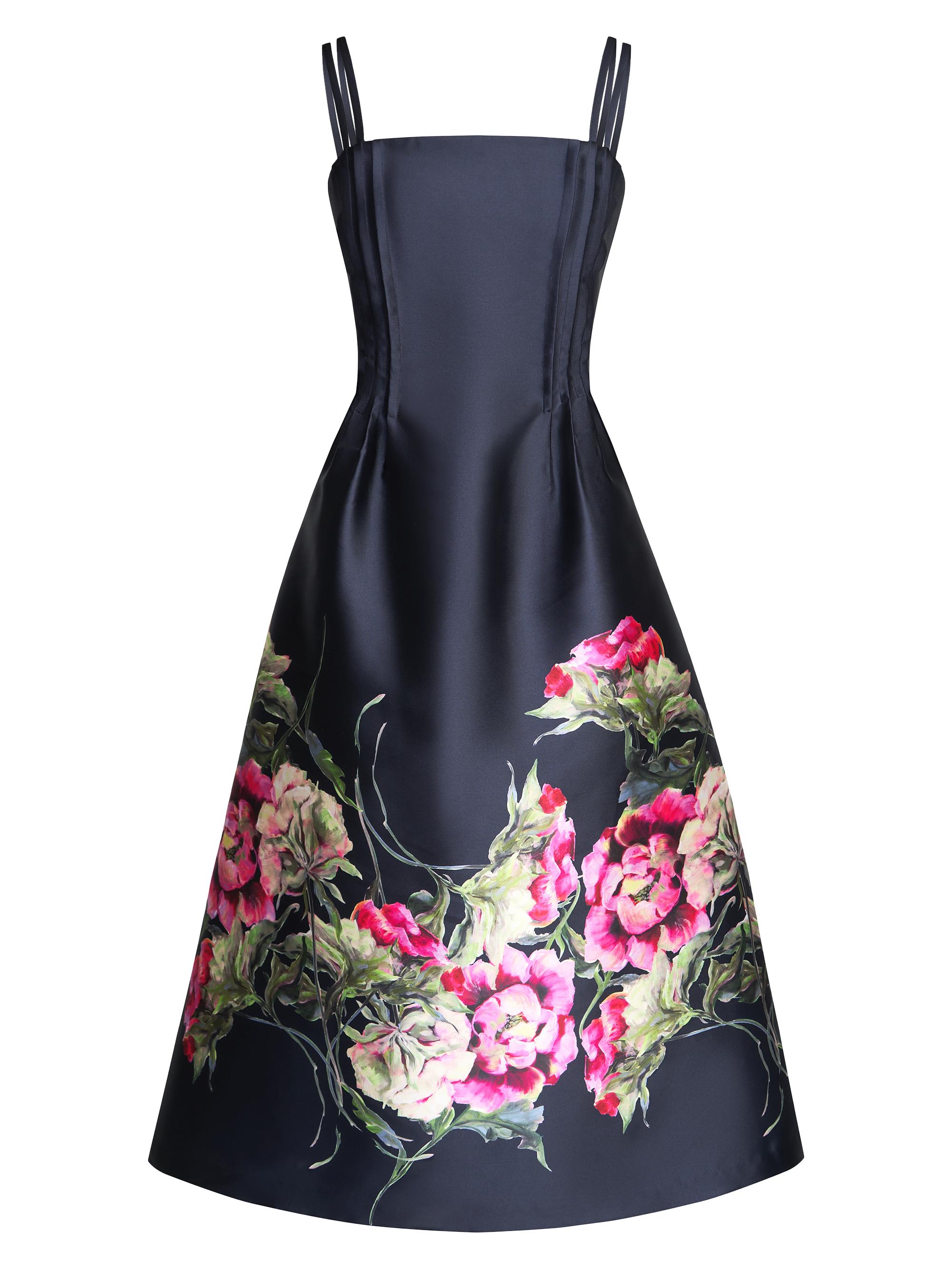 Kay Unger Women's Margot Floral Mikado Midi-Dress - Midnight Blue