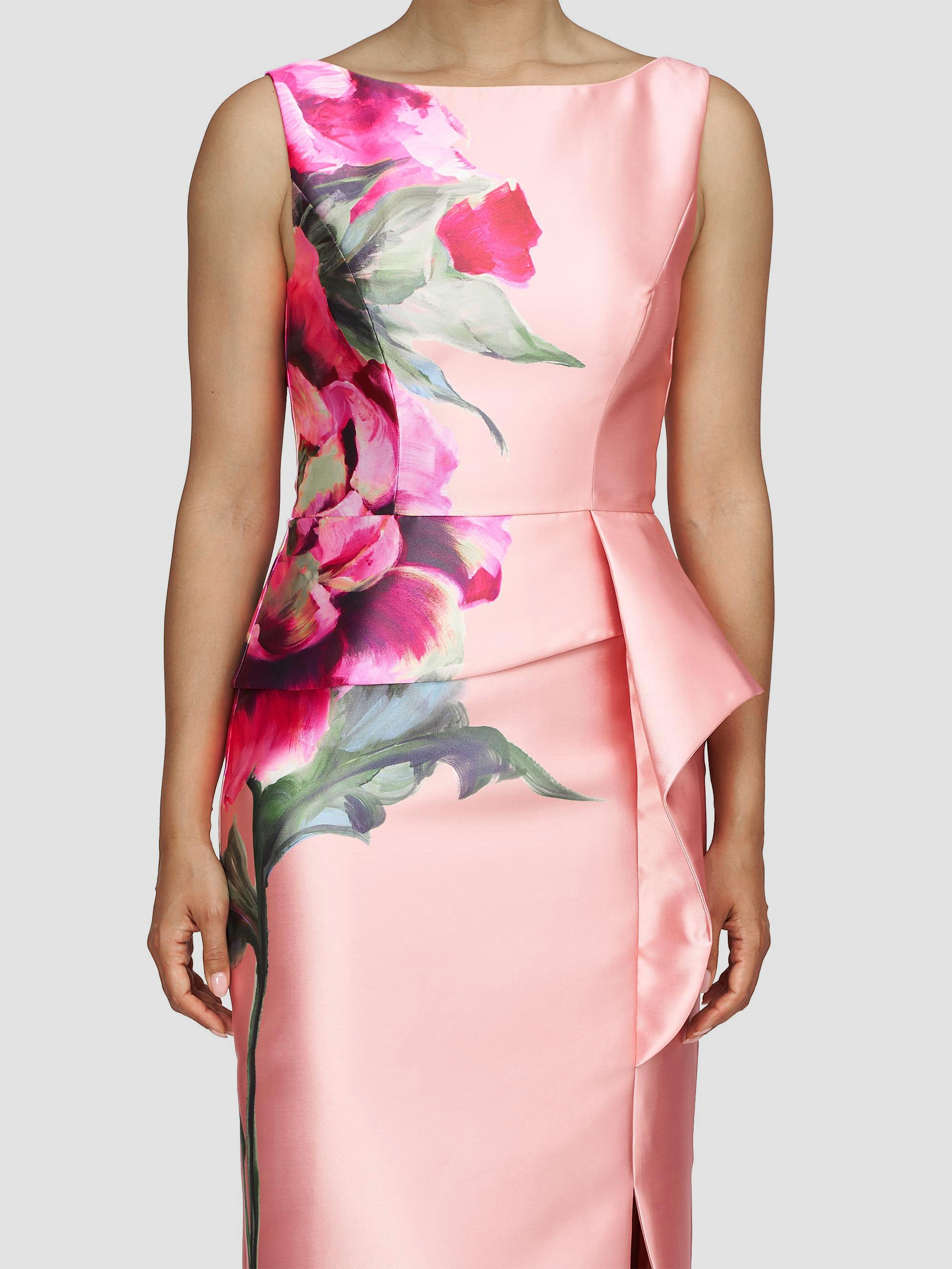 Abito Da Sera Kay Unger Selena Magenta Floreale Taglia 6 - Satinato Con Fiocco, Maxi