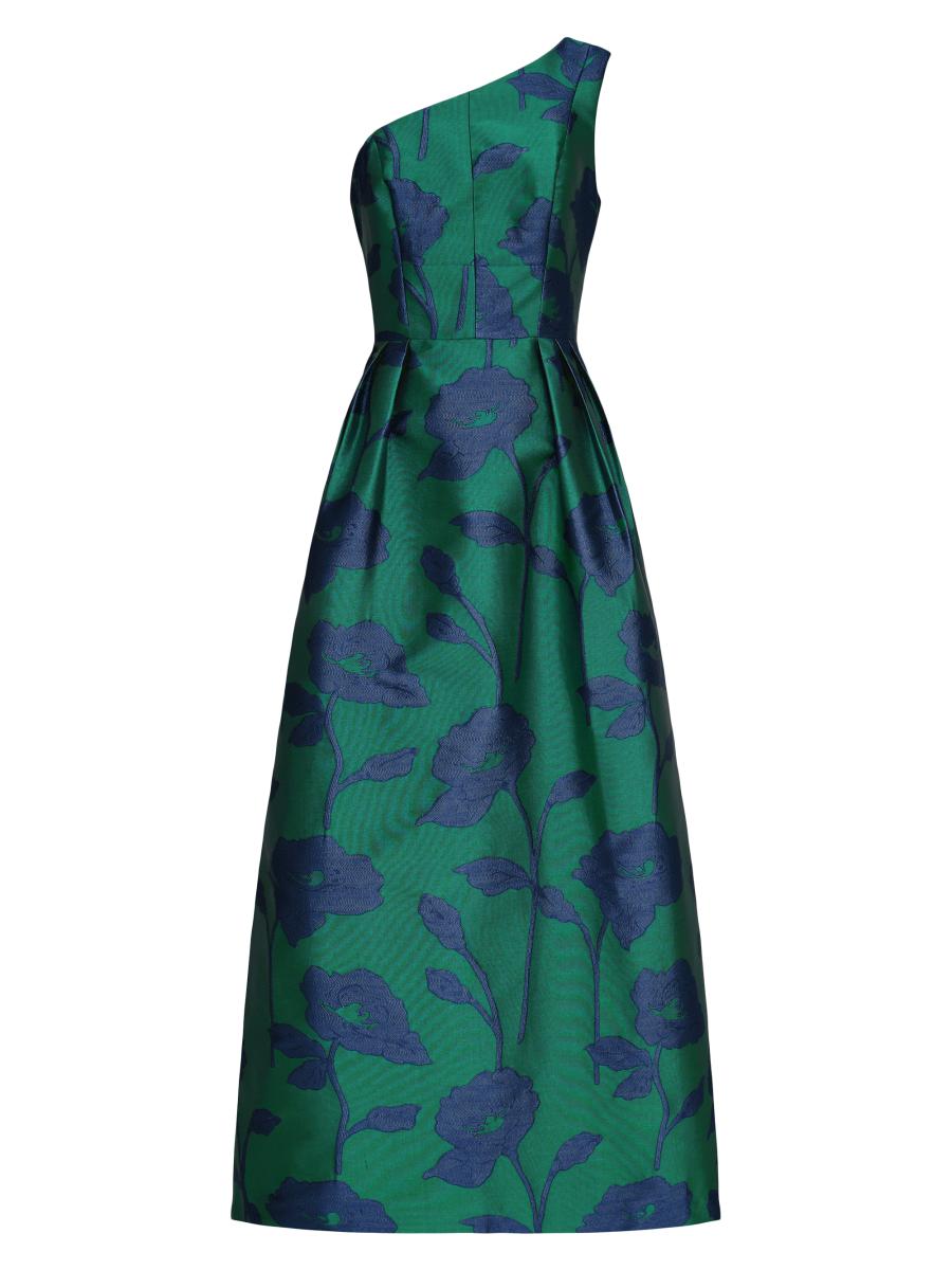 ケイアンガー KAY UNGER スカイブルー花柄ツイードドレス 送料込 Kay Unger Tiara Floral Jacqaurd One-Shoulder Gown | Saks