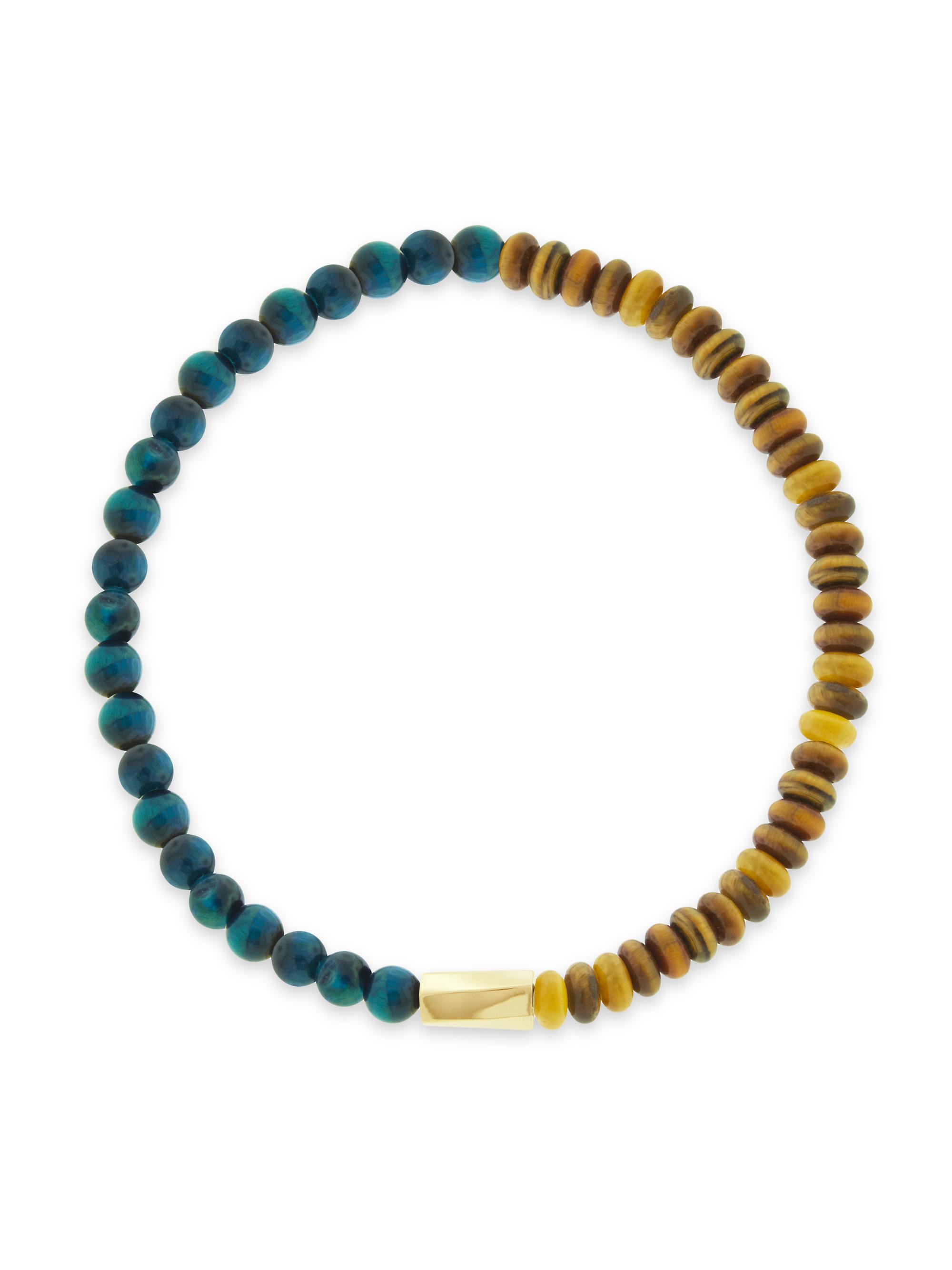 Luis Morais Men's 14K Gold Jasper & Agate Twisted Hexagon Beaded Bracelet - Tigers Eye Mix