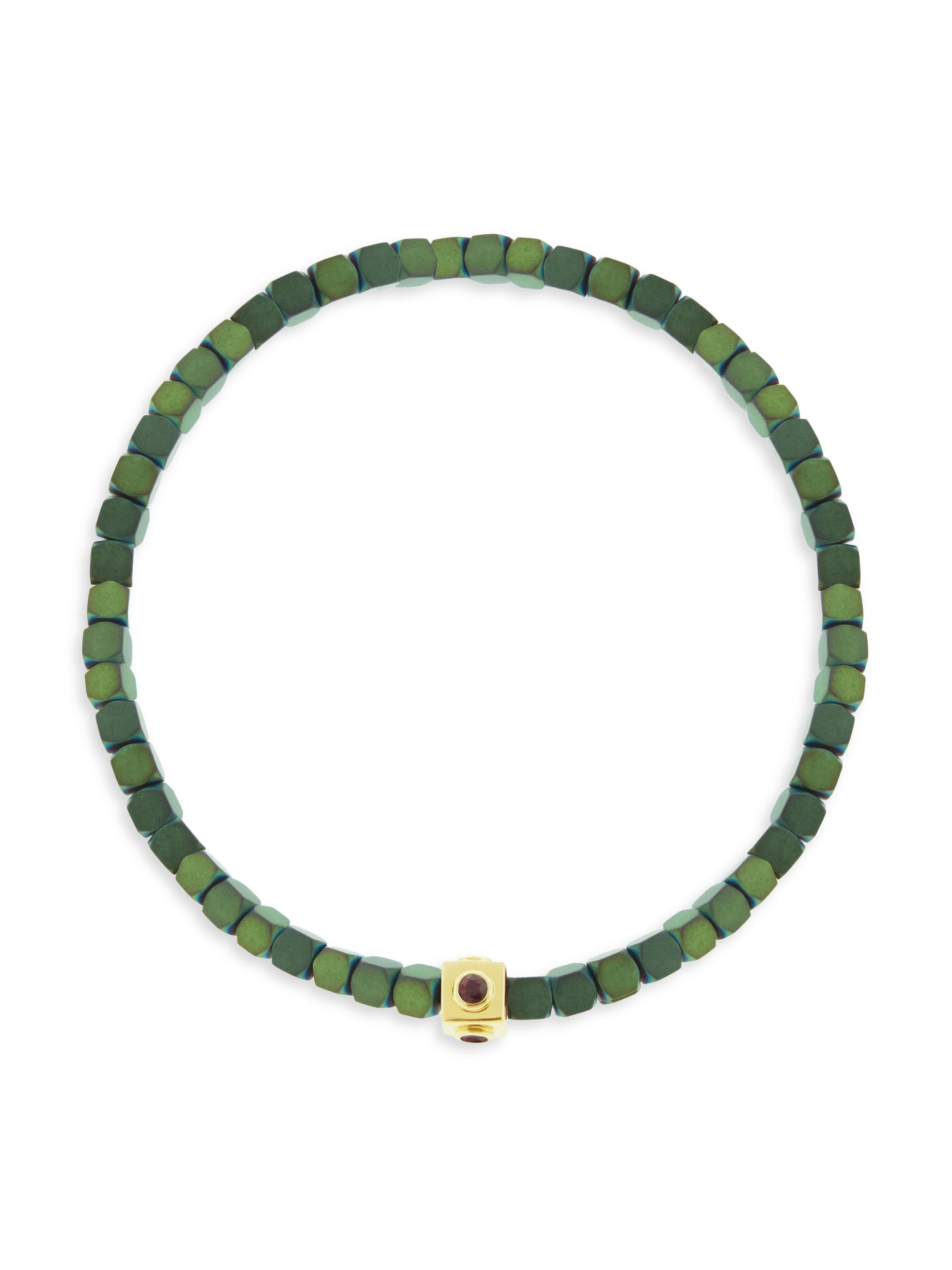 Luis Morais Men's Eye Of The Idol 14K Yellow Gold Sapphire-Accented Hematite Bead Bracelet - Green