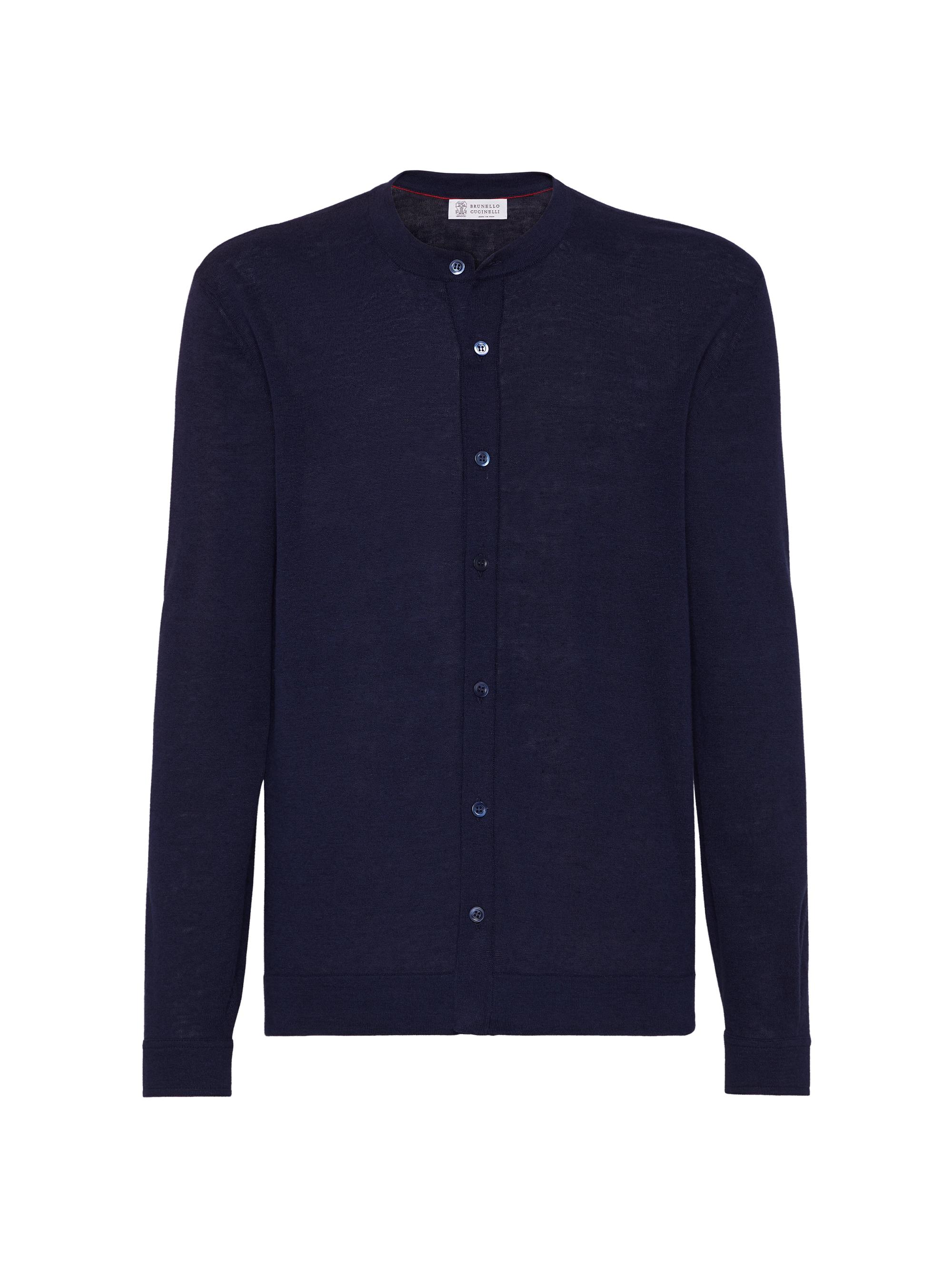 Brunello Cucinelli Men's Linen And Cotton Cardigan with Mandarin Collar - Navy Blue