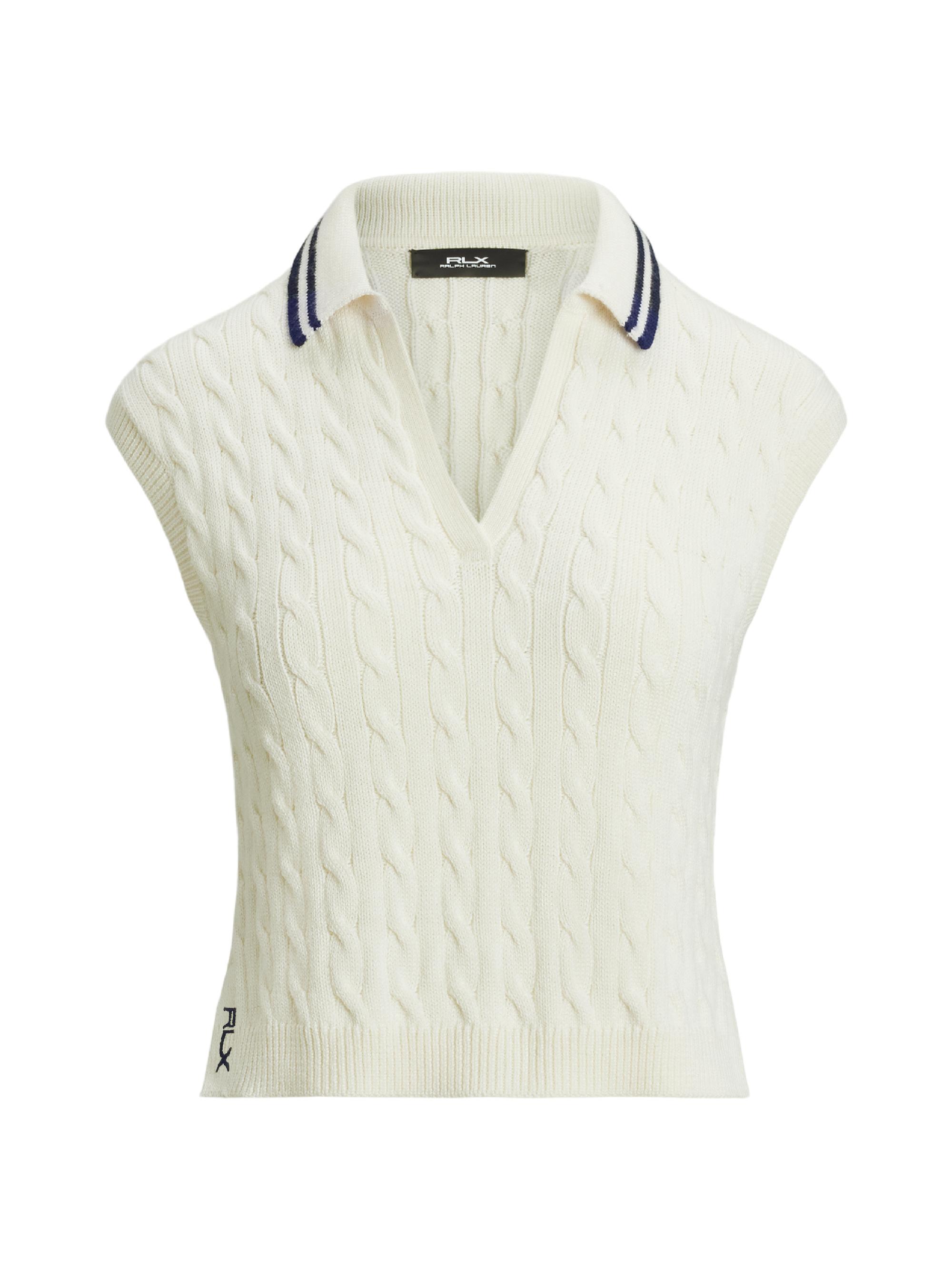 RLX Ralph Lauren Women's Cotton-Blend Cable-Knit Polo Sweater - White Splash Refined Navy