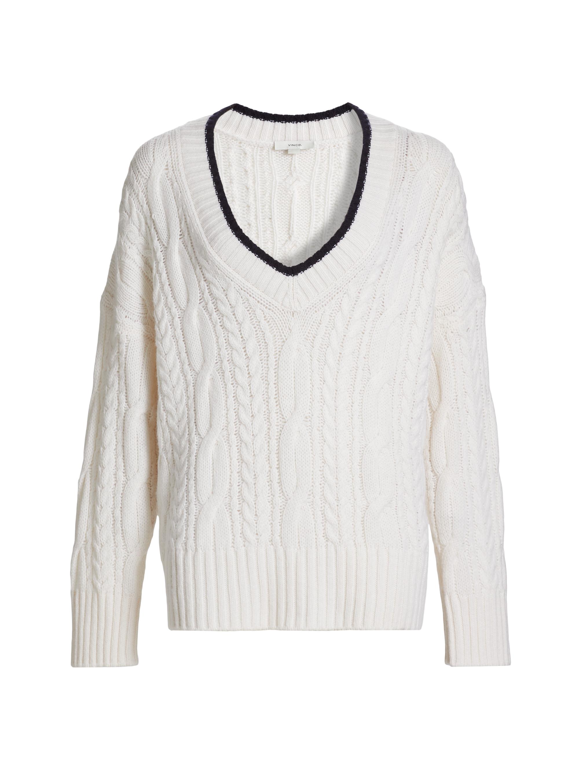 Vince Women's Oversized Cable-Knit Wool-Cashmere V-Neck Sweater - Off White Coastal