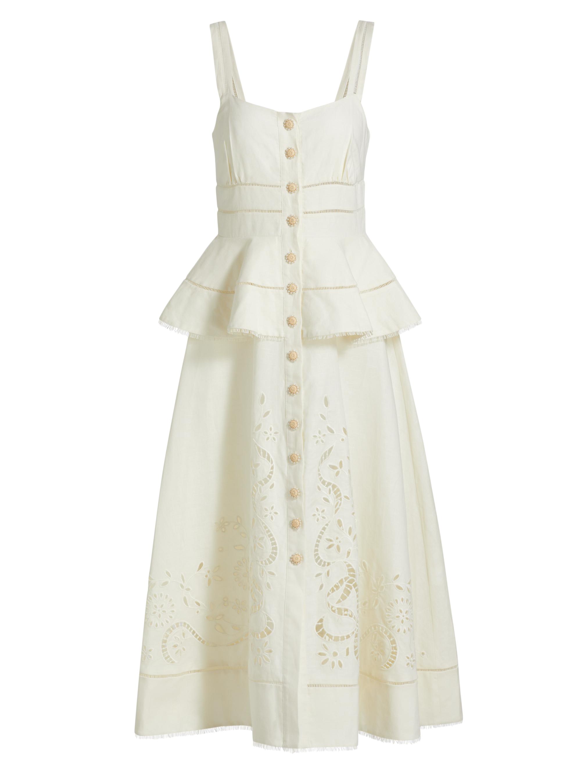 Self-Portrait Lace Linen-Cotton Peplum Midi-Dress | Saks Fifth Avenue