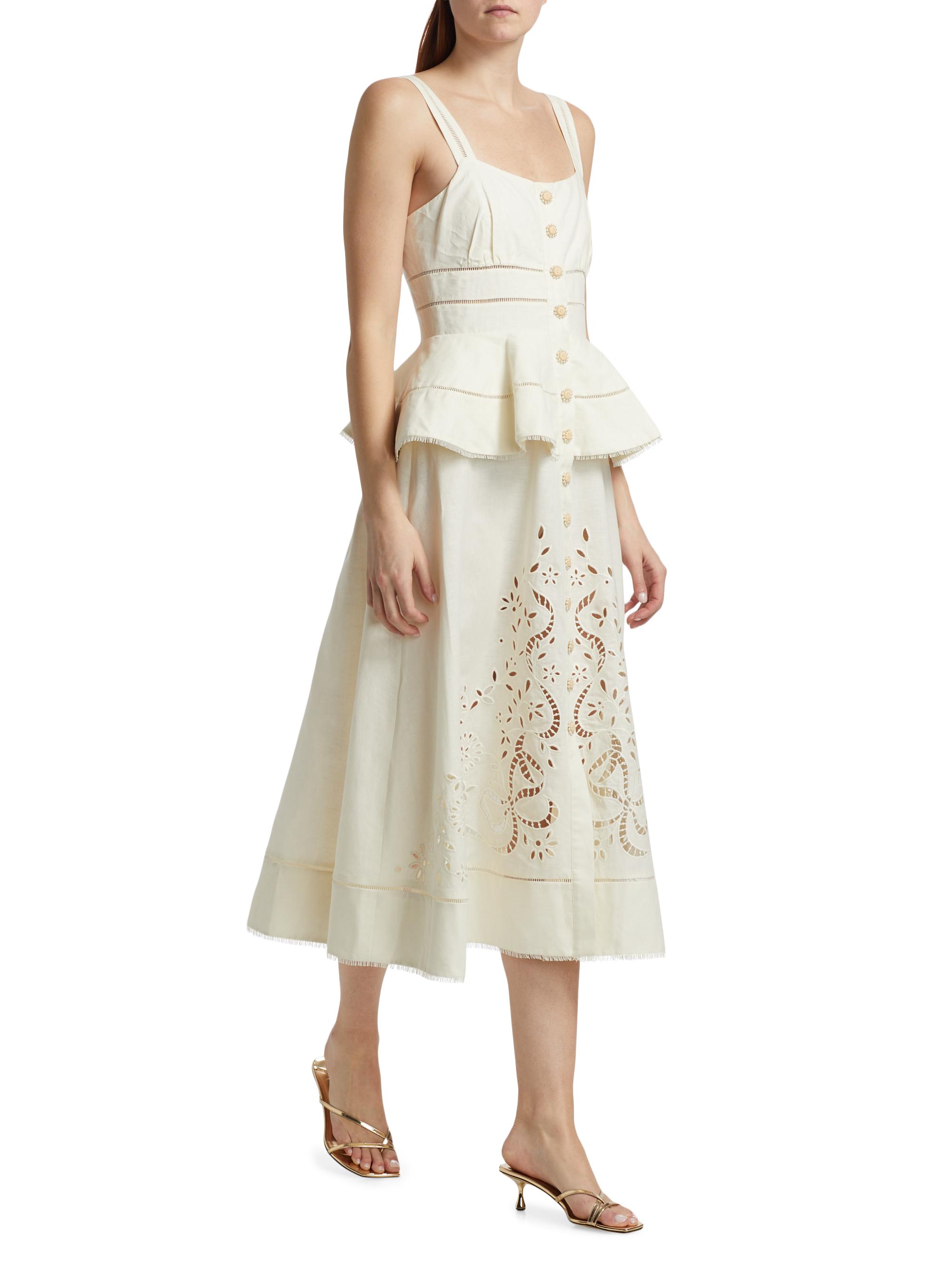 Self-Portrait Lace Linen-Cotton Peplum Midi-Dress | Saks Fifth Avenue