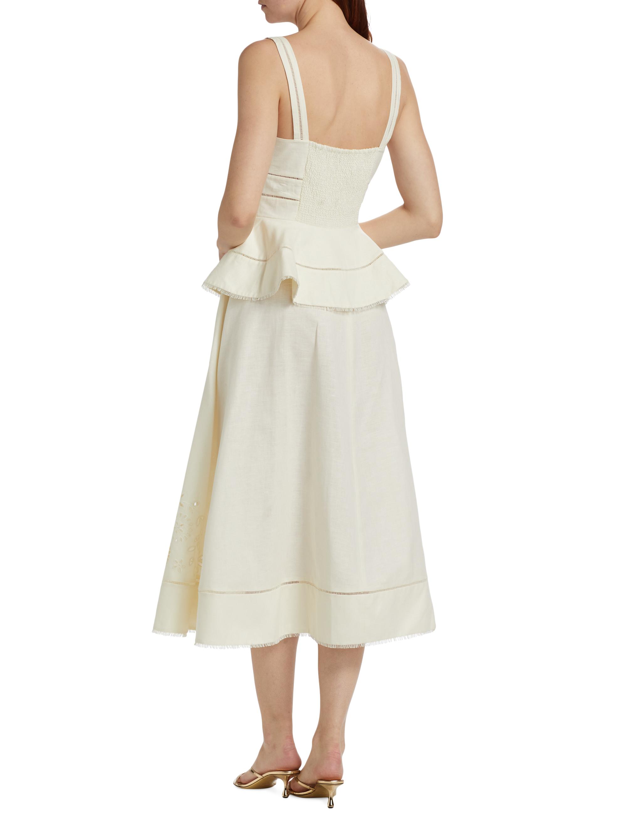 Self-Portrait Lace Linen-Cotton Peplum Midi-Dress | Saks Fifth Avenue