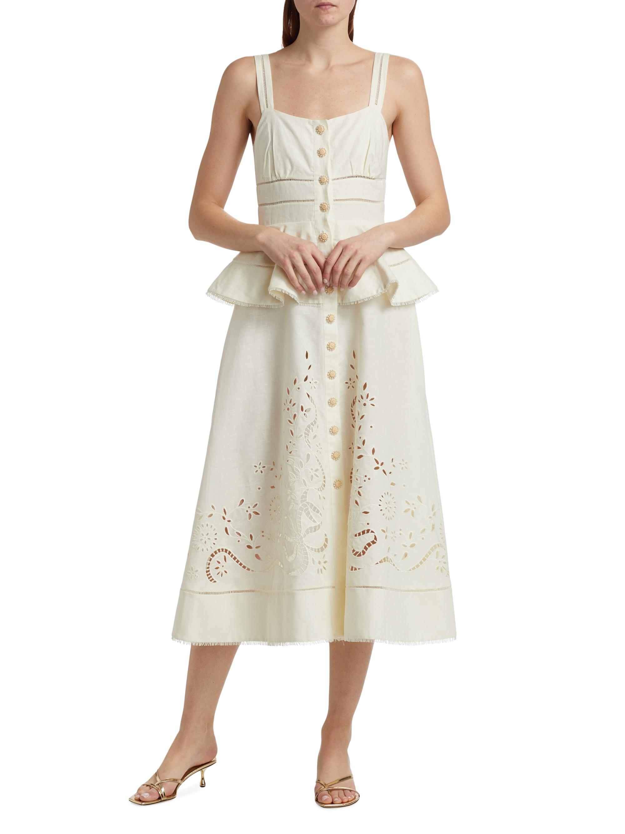 Self-Portrait Lace Linen-Cotton Peplum Midi-Dress | Saks