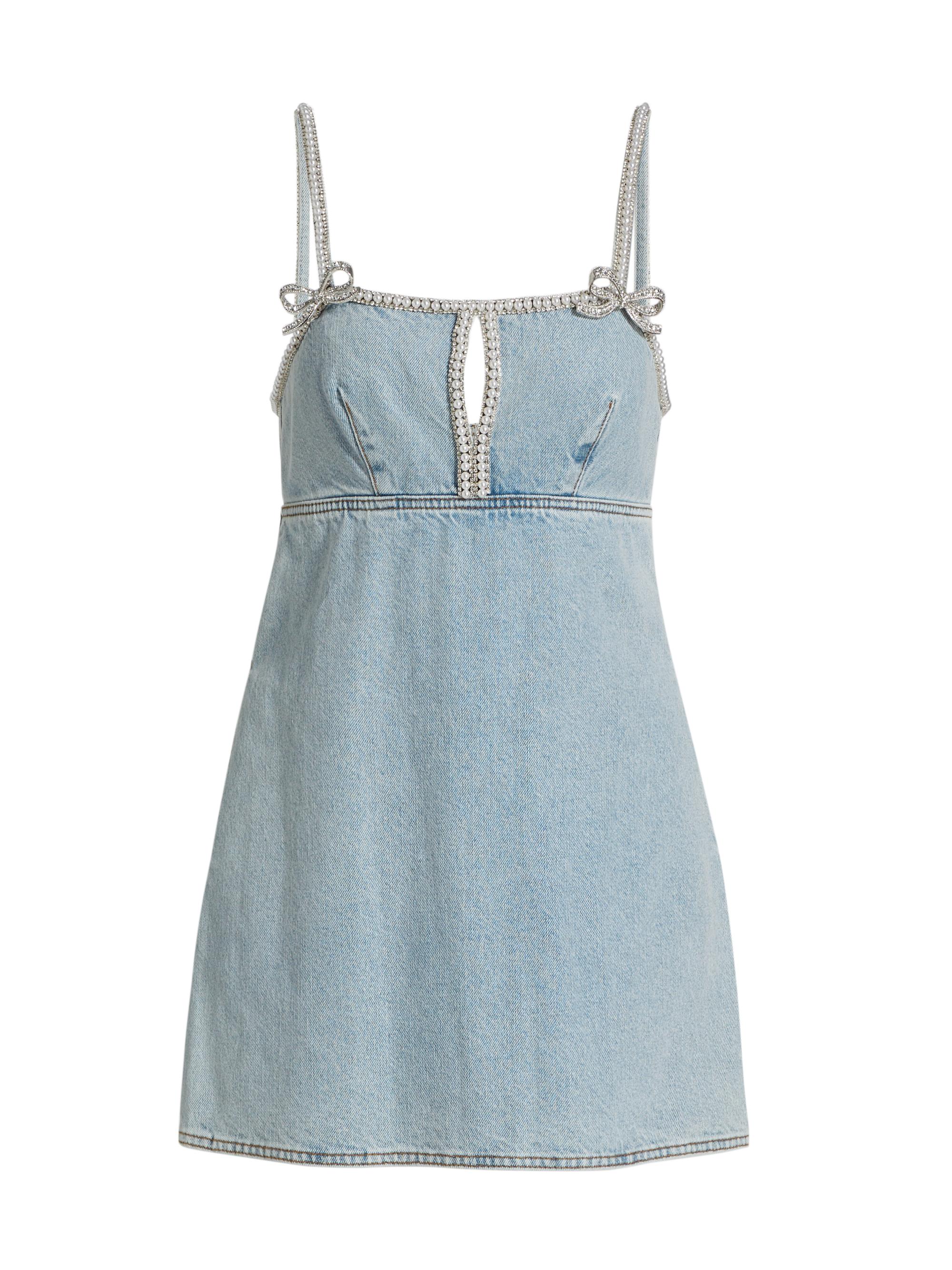 Self-Portrait Women's Denim Pearl-Trim Minidress - Light Blue