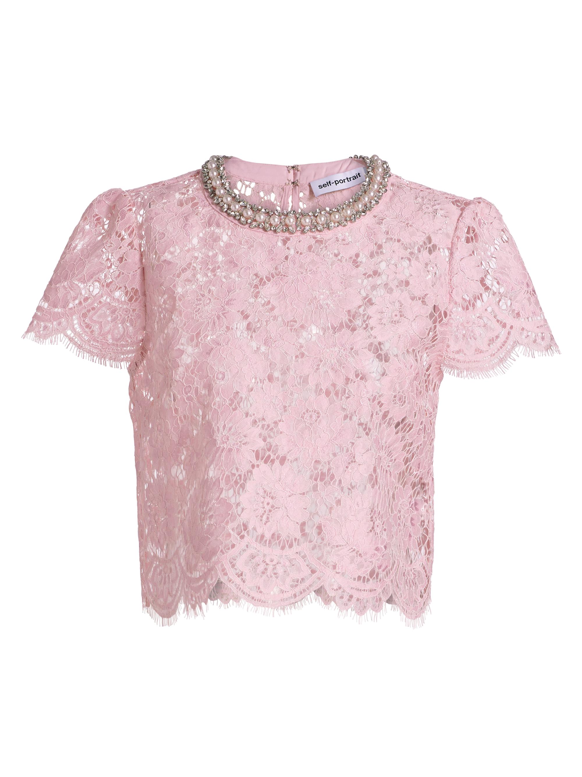 Self-Portrait Women's Pearl & Diamante-Trim Lace Top - Pink