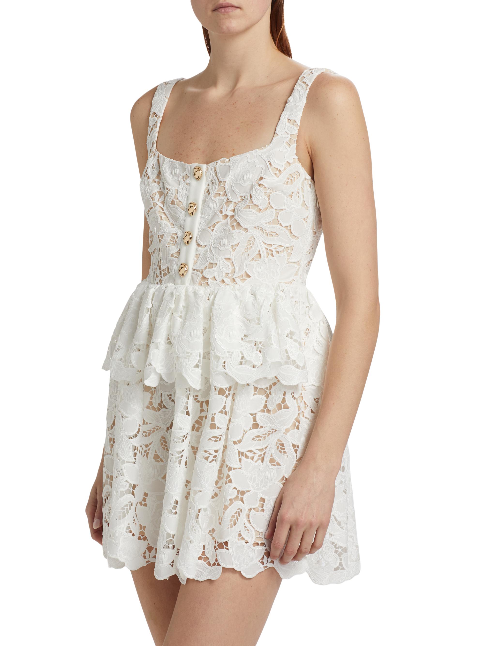 Self-Portrait Lace Tiered Peplum A-Line Minidress - White