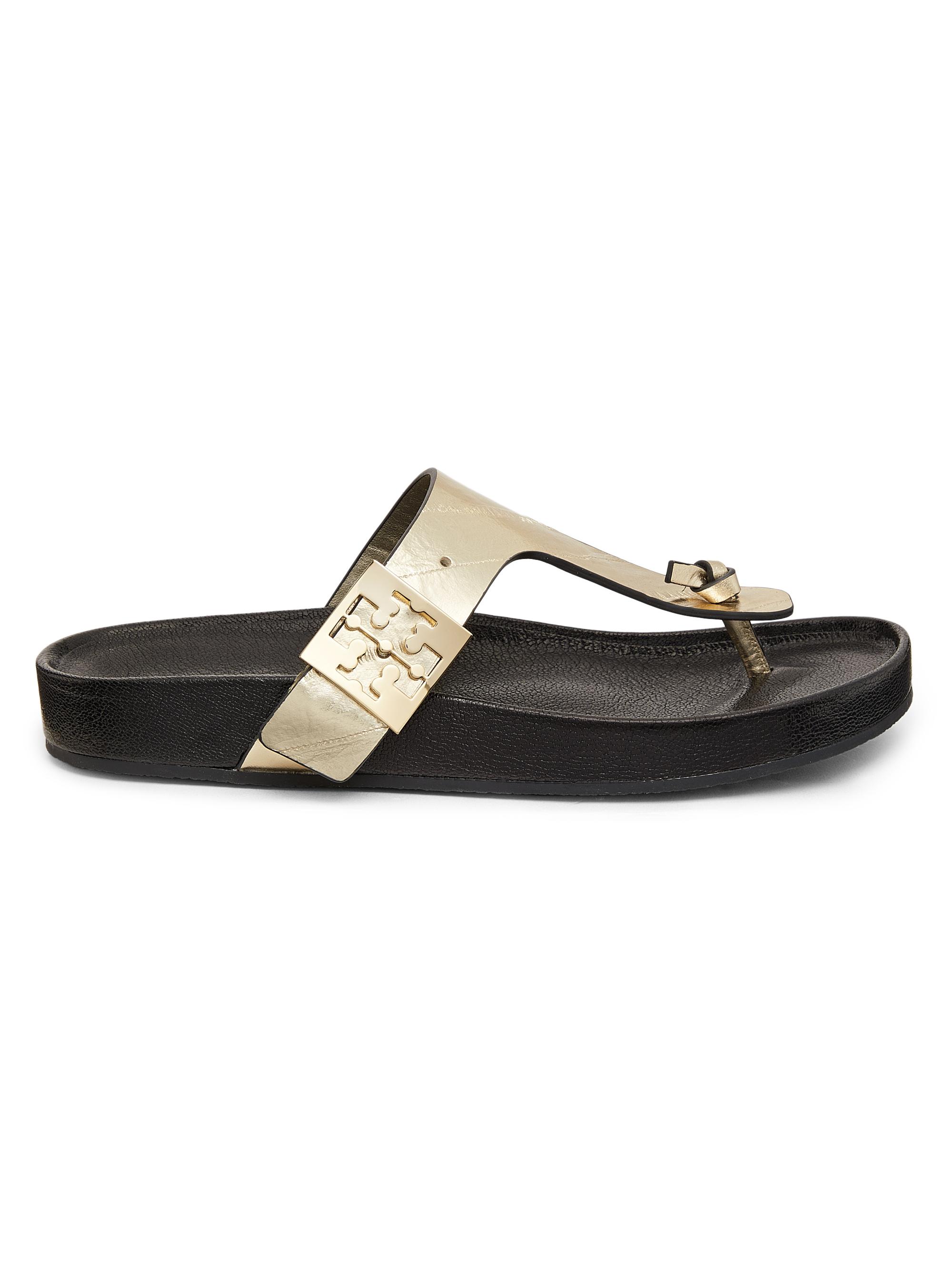 Tory Burch Women's Logo Buckle Metallic Leather T-Strap Sandals - Spark Gold Perfect Black