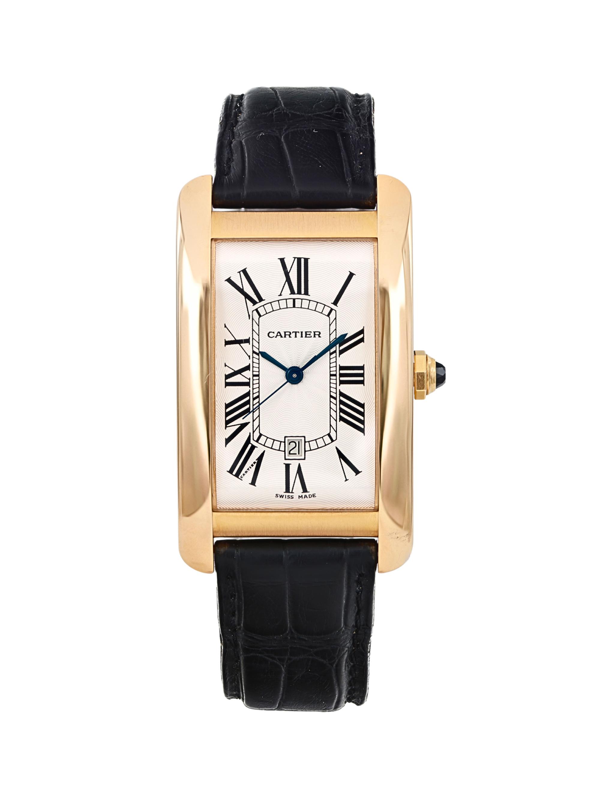Cartier Men's Pre-Owned  Tank Américaine  18K Yellow Gold White Dial, Black Leather Strap Watch - Gold