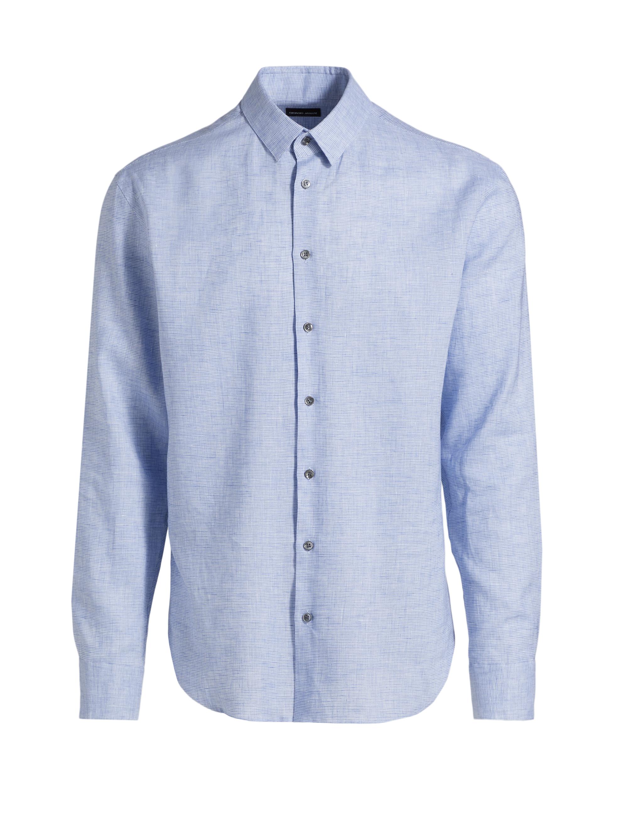 Giorgio Armani Men's Micro-Houndstooth Linen Button-Front Shirt - Light Blue