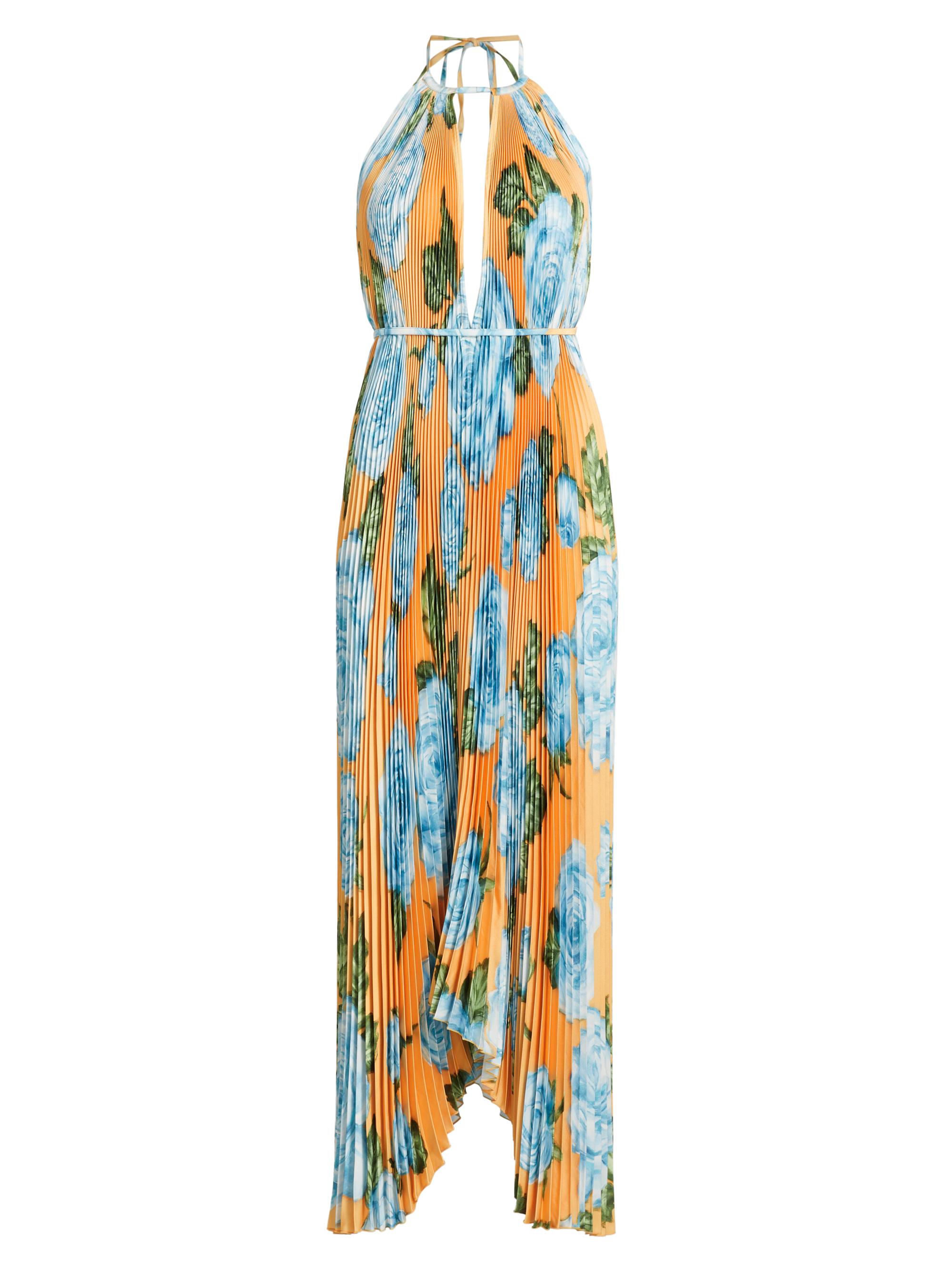 L'Idée Women's Boheme Floral Pleated Halterneck Gown - Fleur Bleue