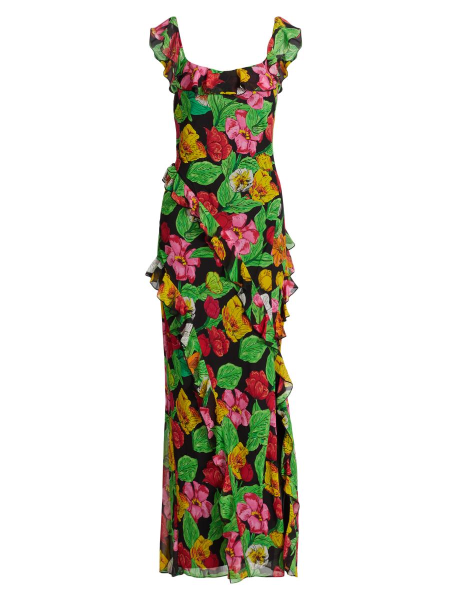 Milly Joan Tulip Rosette Pleated Dress in Yellow Multi