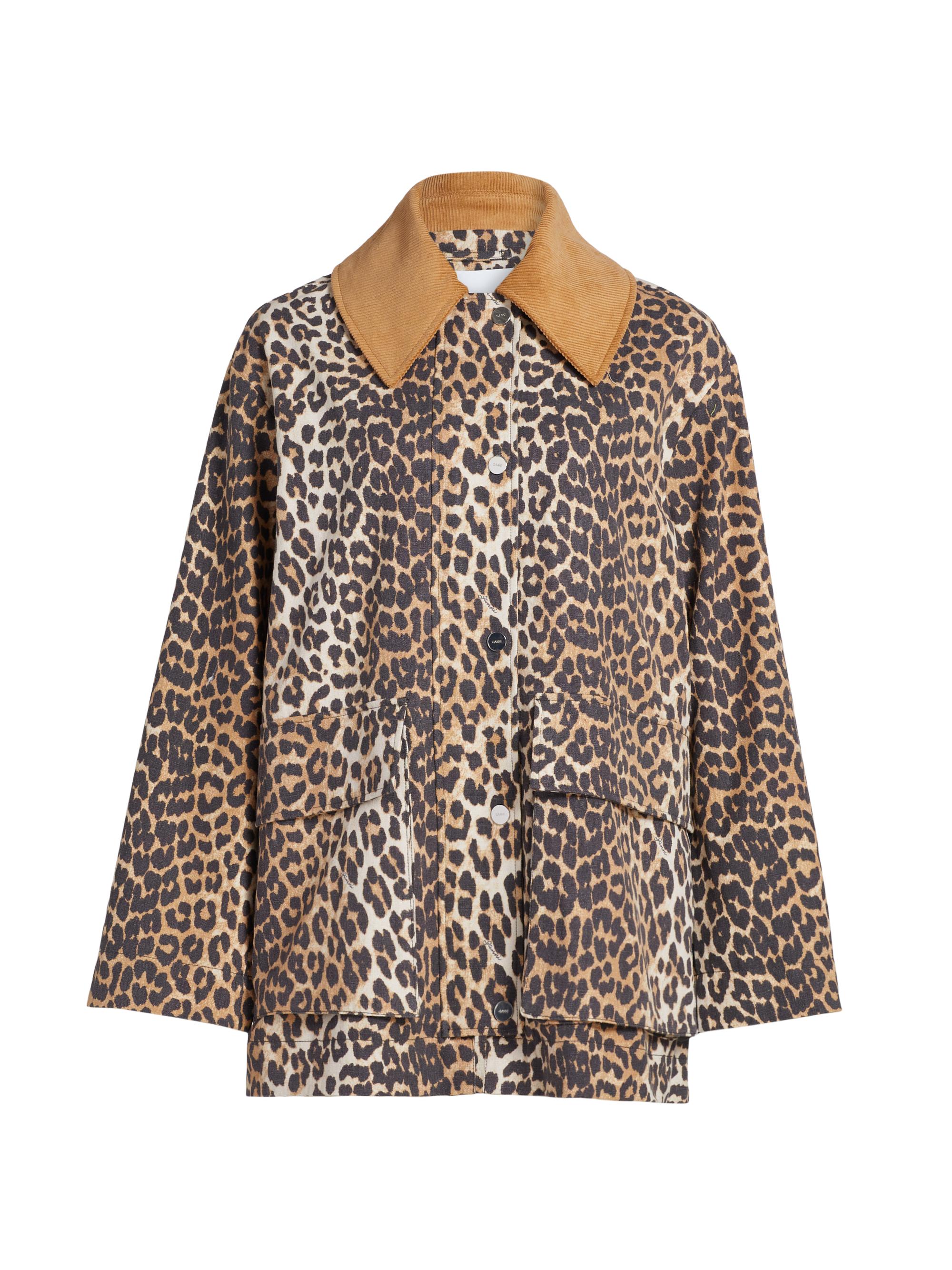 Ganni Women's Leopard-Print Canvas Midi Jacket - Almond Milk