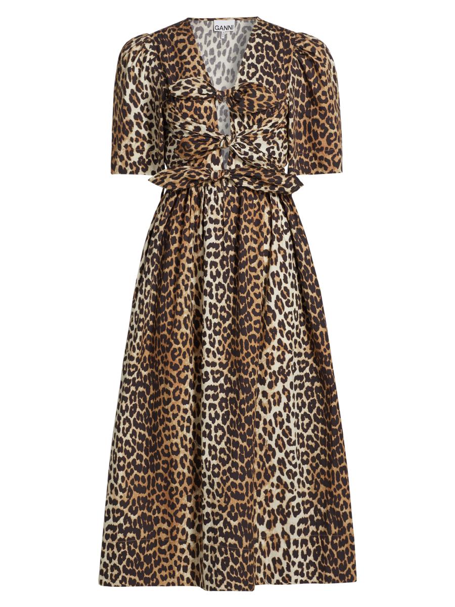 【GANNI】Leopard Printed Cotton Tie Strap Midi Dress Leopard Leopard Printed Cotton Tie Strap Midi Dress | GANNI US