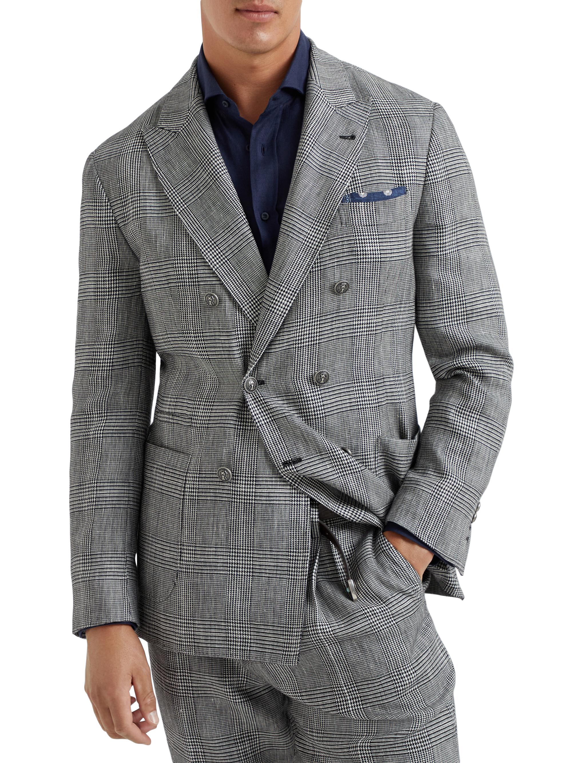 Brunello Cucinelli Men's Prince of Wales One and a Half Breasted Deconstructed Blazer - Grey