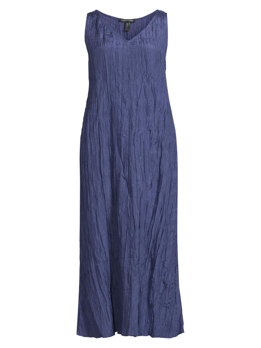 Eileen Fisher V-Neck Pleated Crushed Silk Midi-Dress | Saks