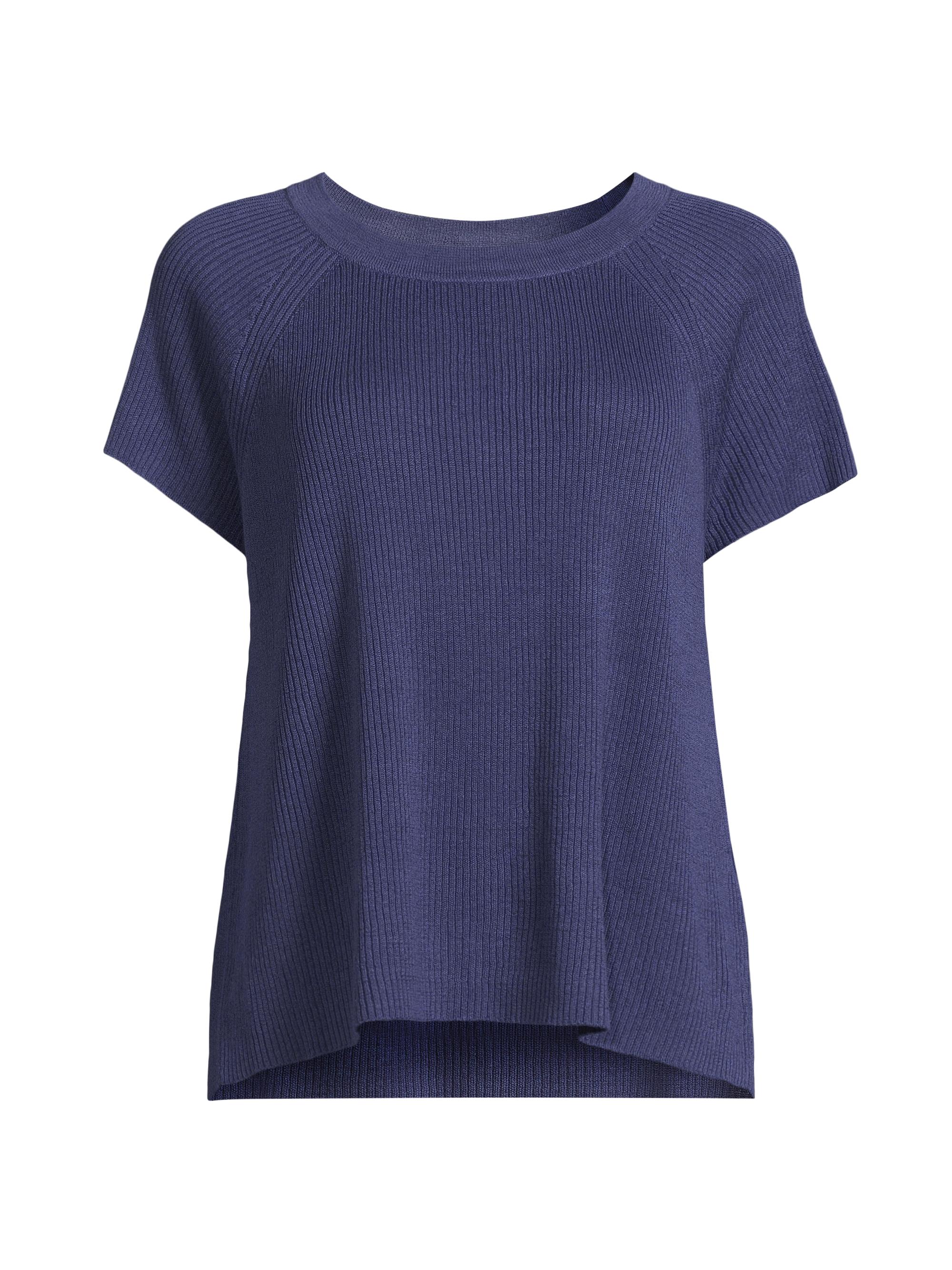 Eileen Fisher Women's Jewelneck Linen-Cotton Short-Sleeve Sweater - Blue