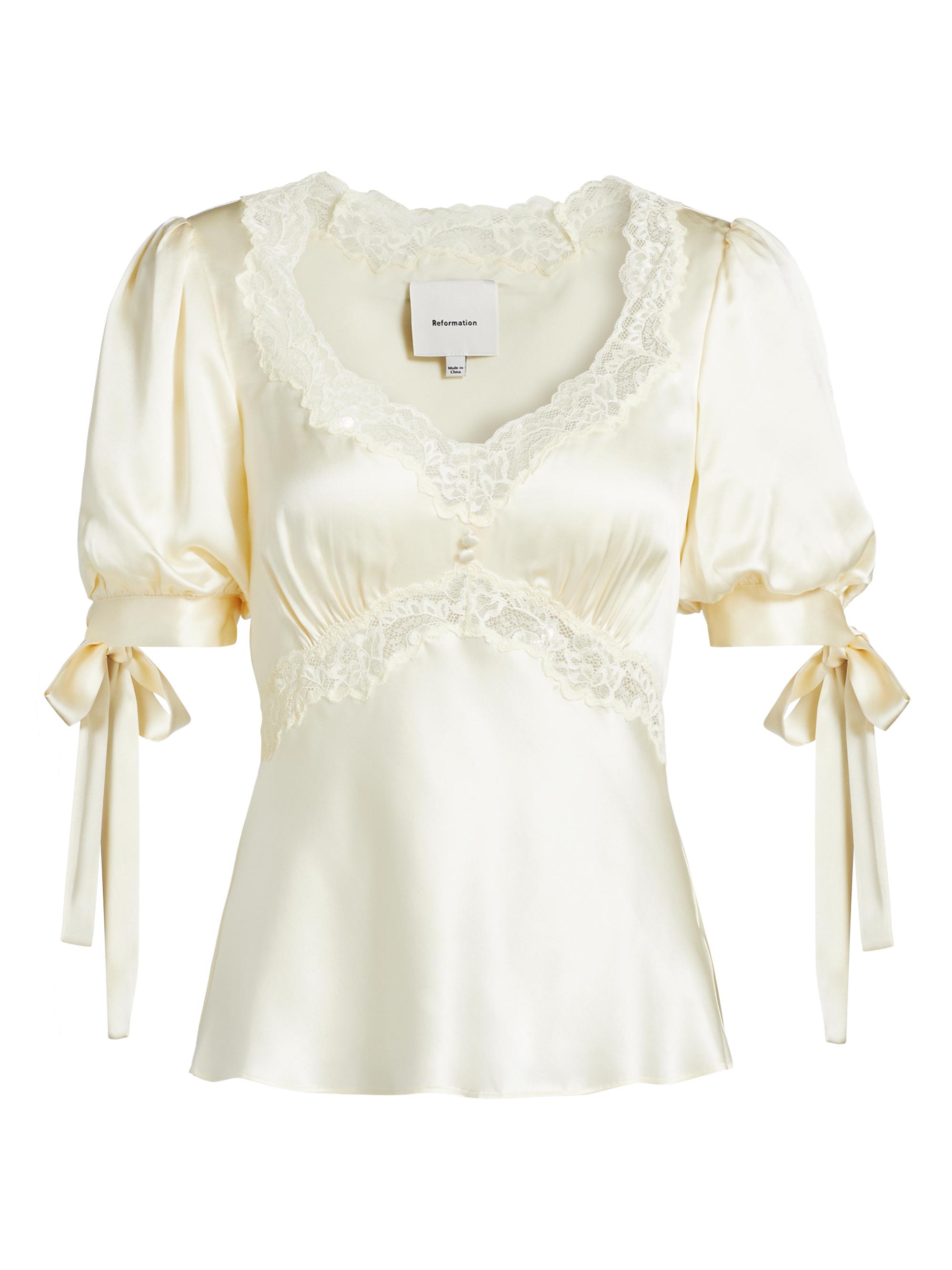 Reformation Women's Dolly Lace-Trimmed Silk Blouse - Fior Di Latte